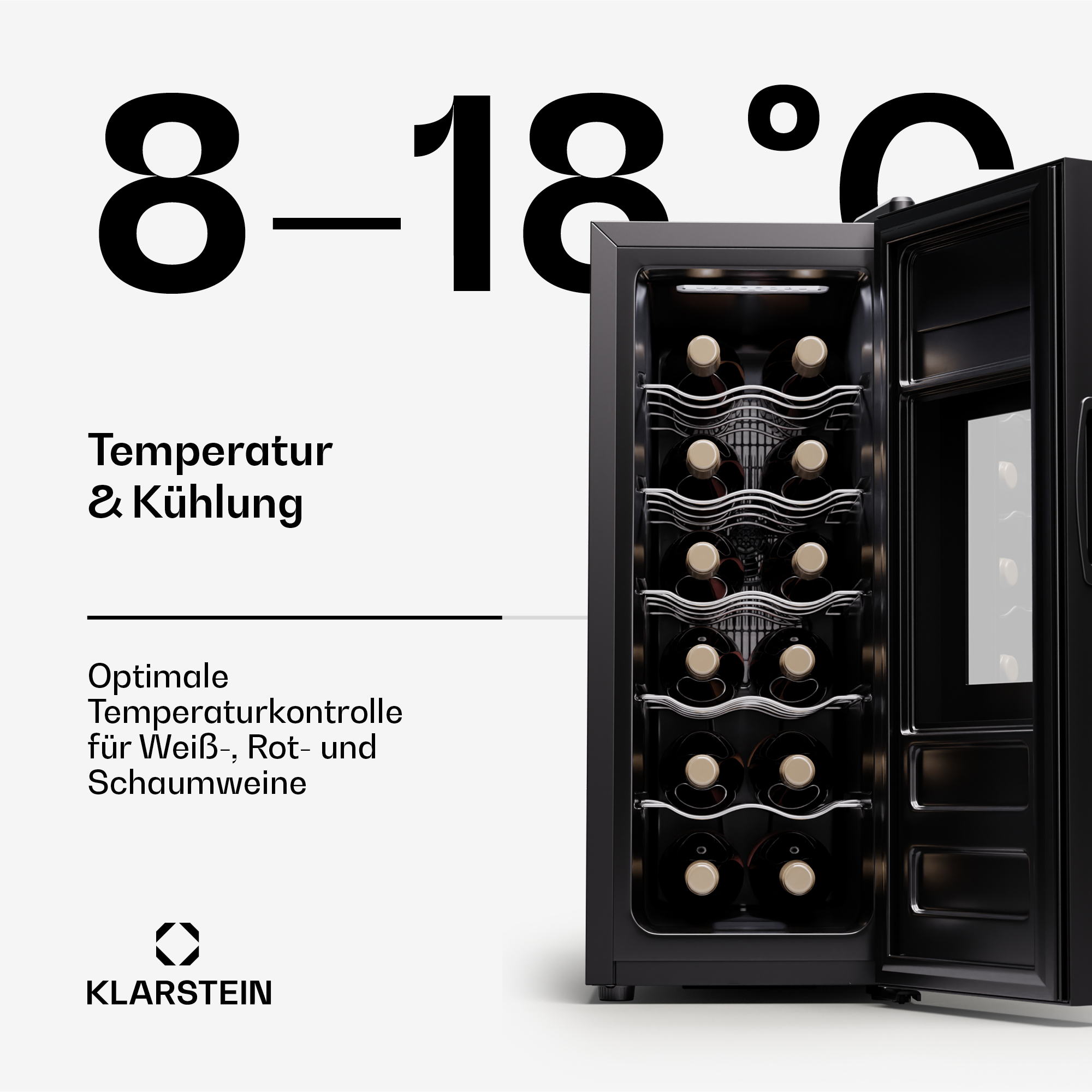Ein schwarzer Weinkühler mit Flaschen im Inneren und der Temperatur oben.