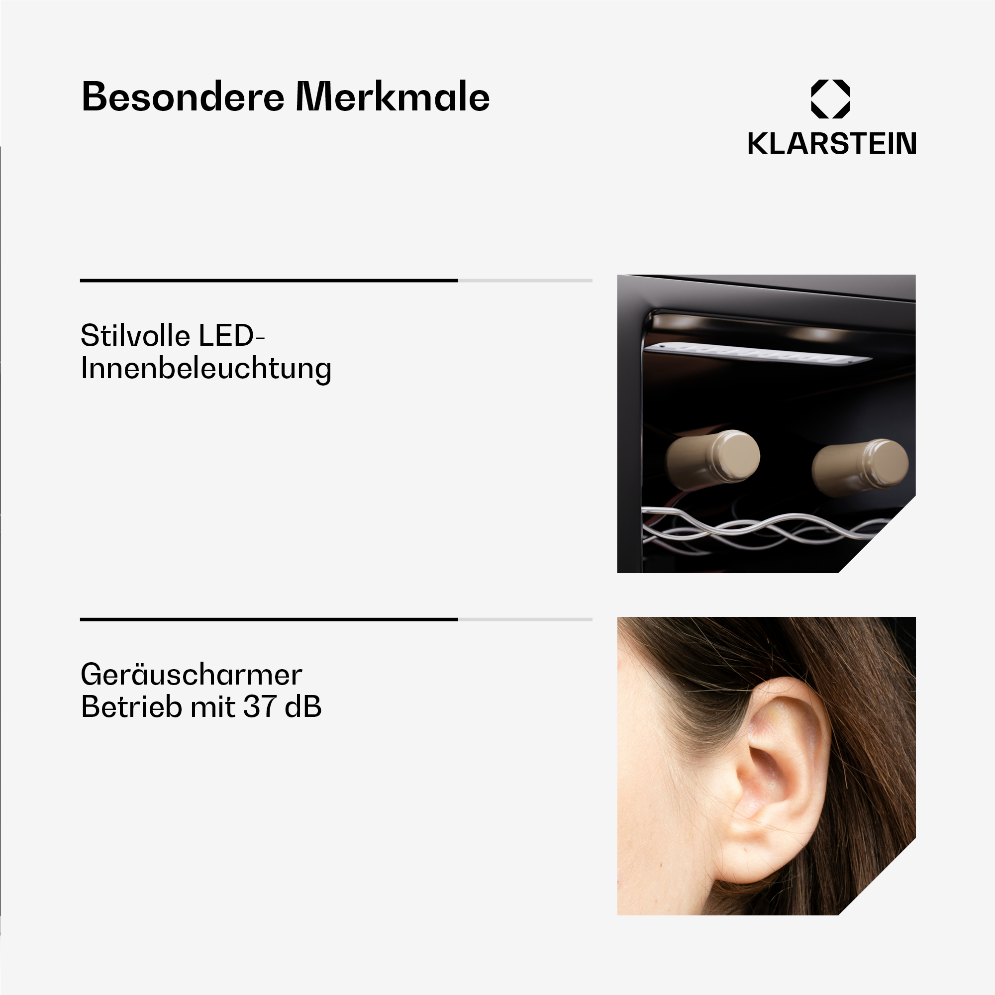 Weinkühler mit LED-Beleuchtung innen und einem Ohr in der Nähe, Text: Leiser Betrieb.