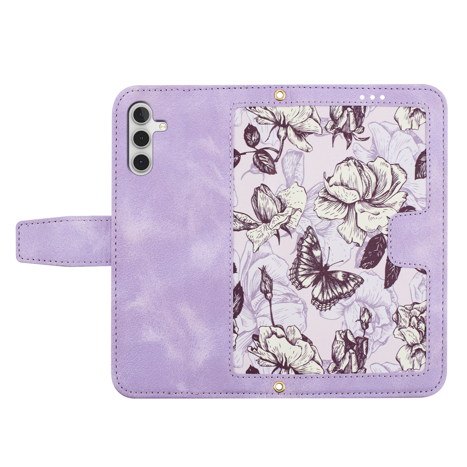 Una funda de teléfono con diseño floral morado, mostrando el teléfono abierto y una ranura para tarjeta.