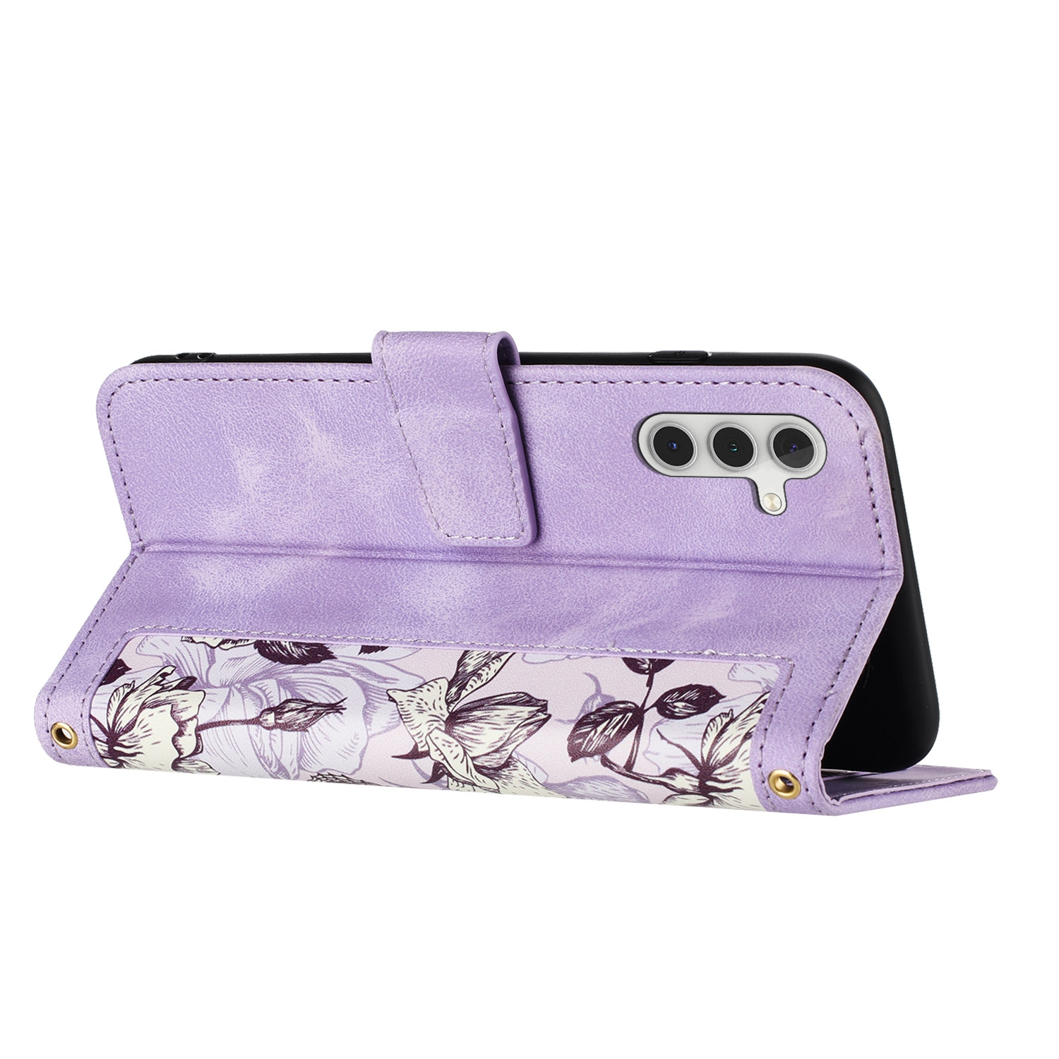 Funda morada con diseño floral, abierta mostrando un teléfono. Fondo blanco.
