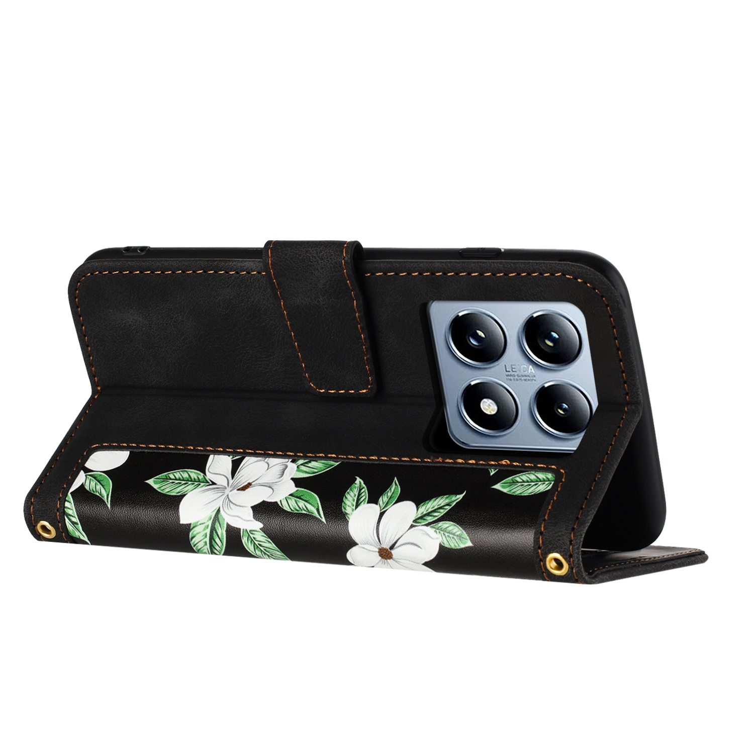 Eine schwarze Handyhülle mit floralem Design und Magnetverschluss ist geöffnet.