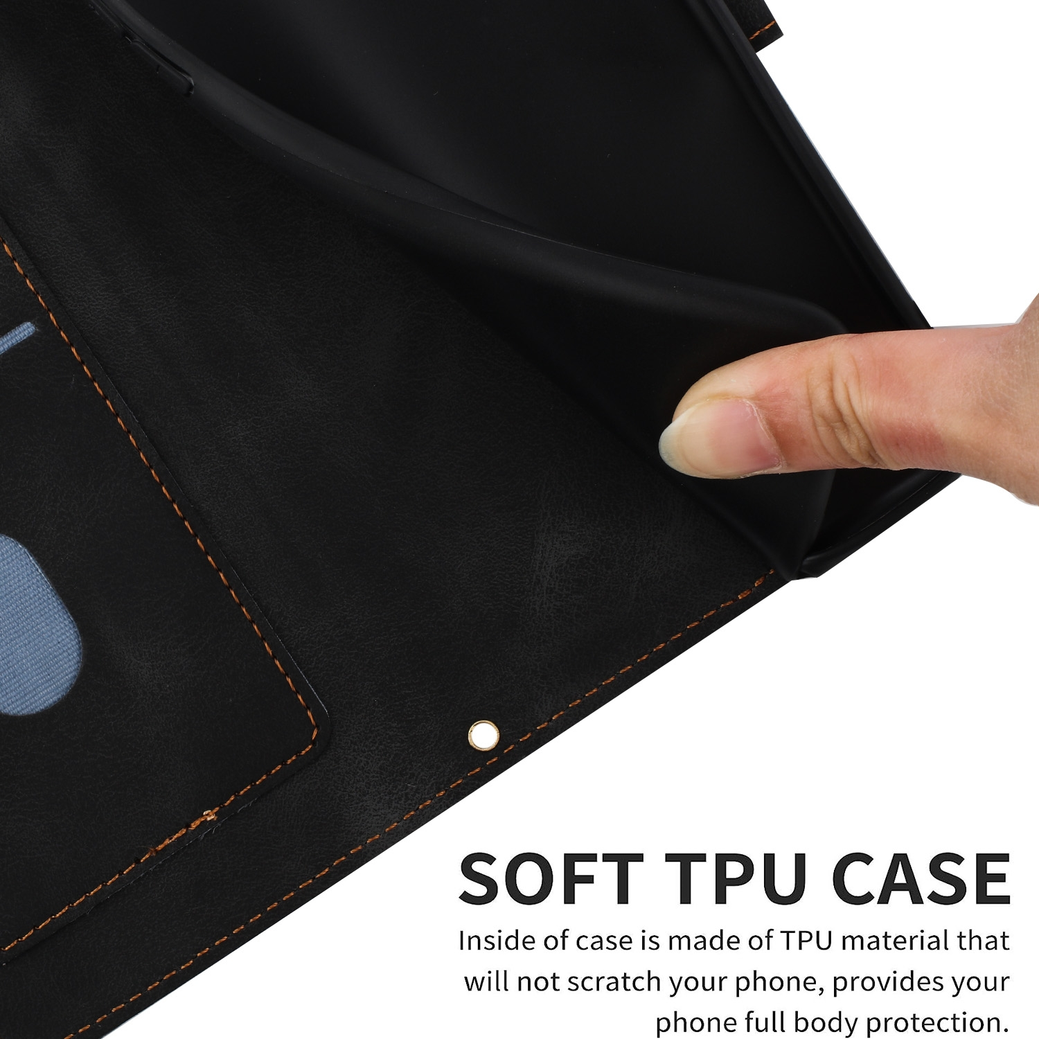Funda de teléfono negra abierta, mostrando el interior. Mano señala el material TPU, texto abajo.