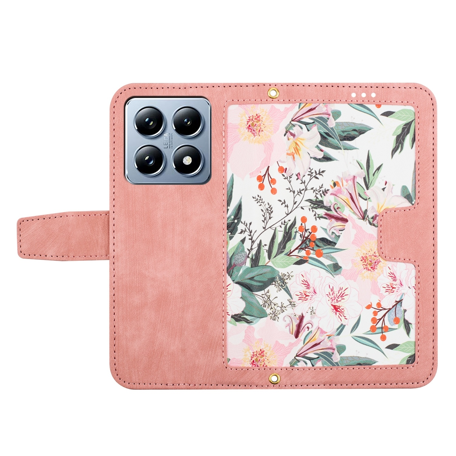 Rosa Handyhülle mit floralem Design und Kameraausschnitt. Öffnet sich und zeigt weitere Blumen.