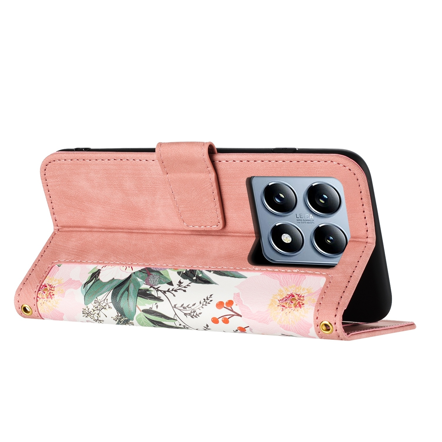 Rosa Handyhülle, geöffnet, um ein Blumendesign auf der inneren Klappe und das Handy auf der rechten Seite zu zeigen.