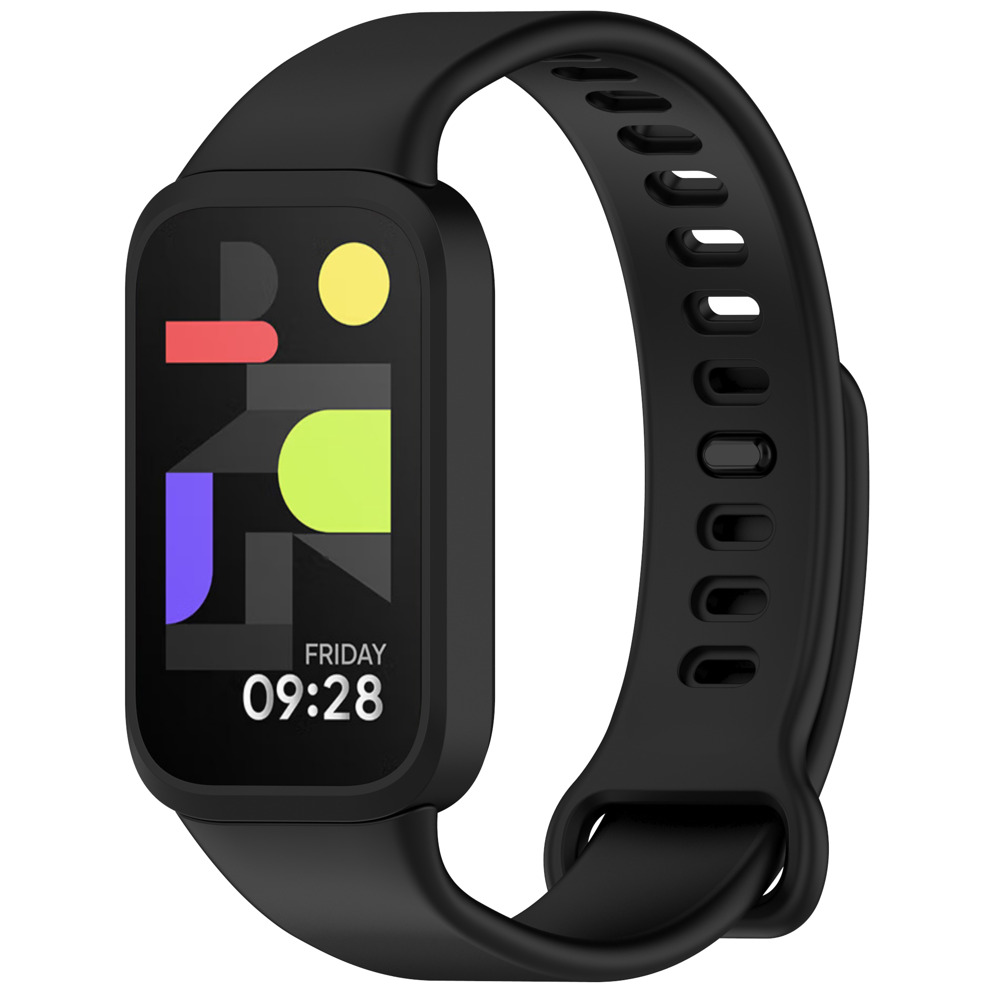 Smartwatch nera con display colorato e cinturino nero. Lo schermo mostra l'ora e grafiche astratte.