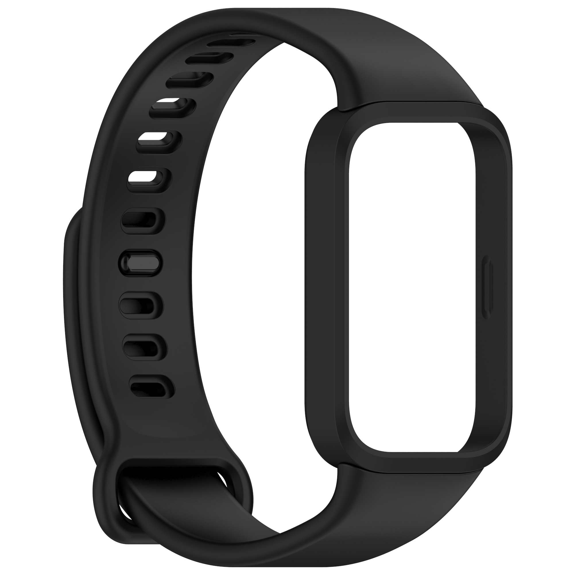 Cinturino nero per smartwatch con apertura rettangolare, isolato su sfondo bianco.