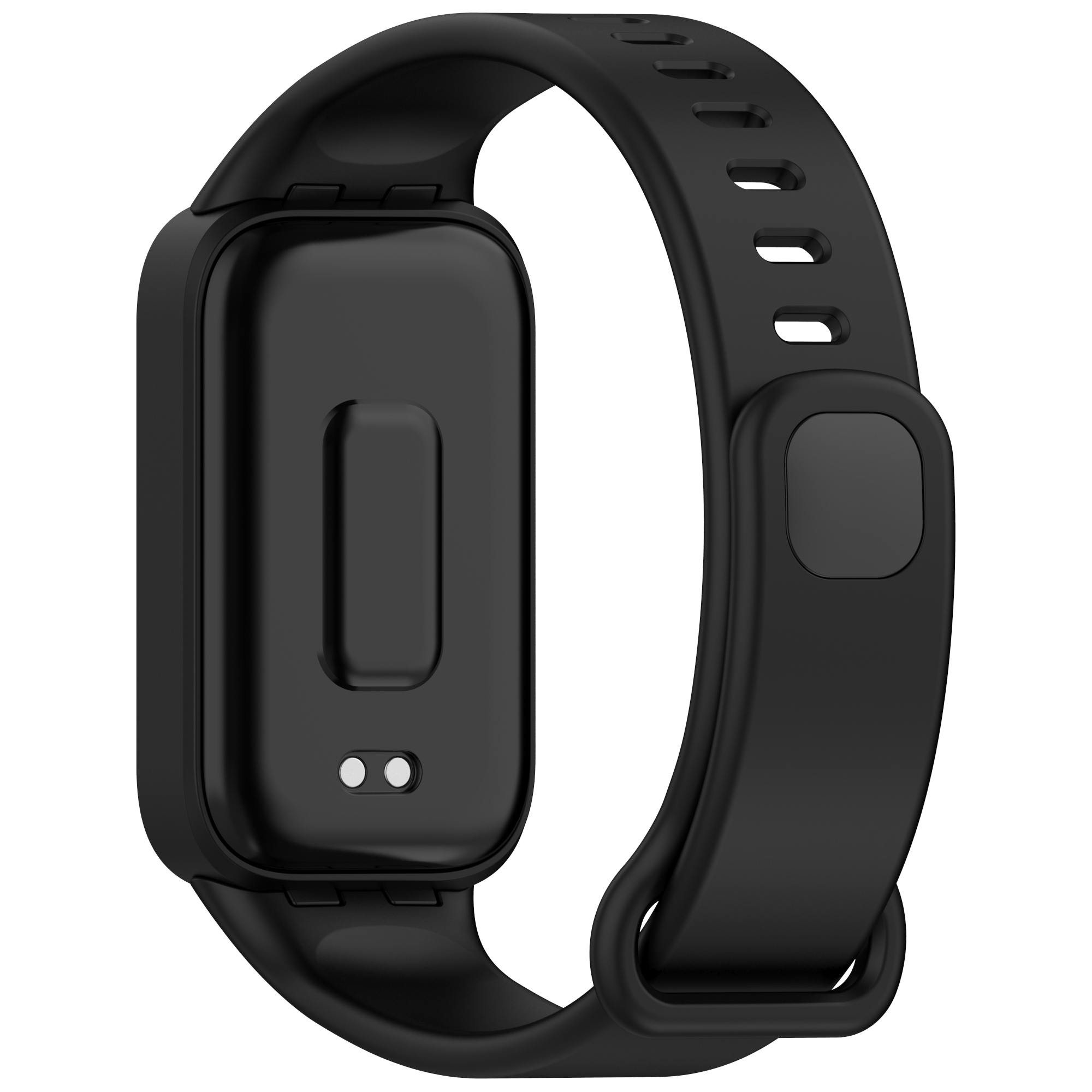 Tracker di fitness nero con cinturino nero. Sembra un braccialetto.