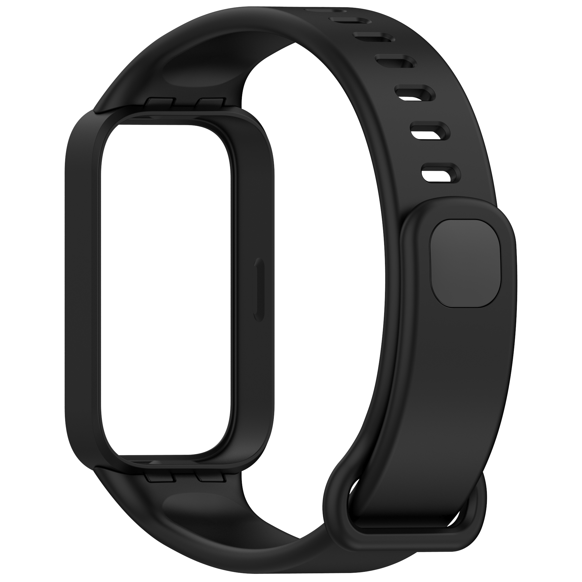 Un telaio per cinturino nero con un cinturino nero attaccato, pronto per essere indossato.