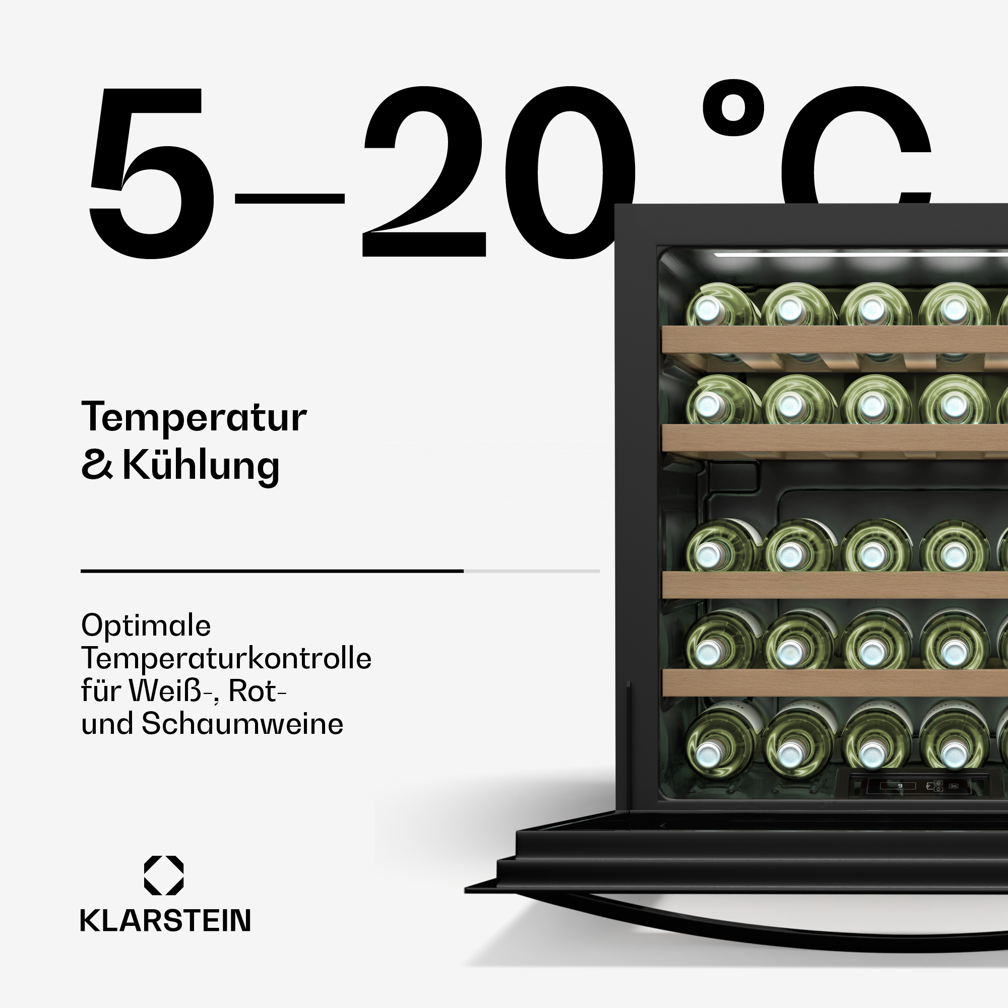 Cantinetta con bottiglie all'interno. Il testo indica che l'intervallo di temperatura è 5-20°C e il controllo della temperatura.