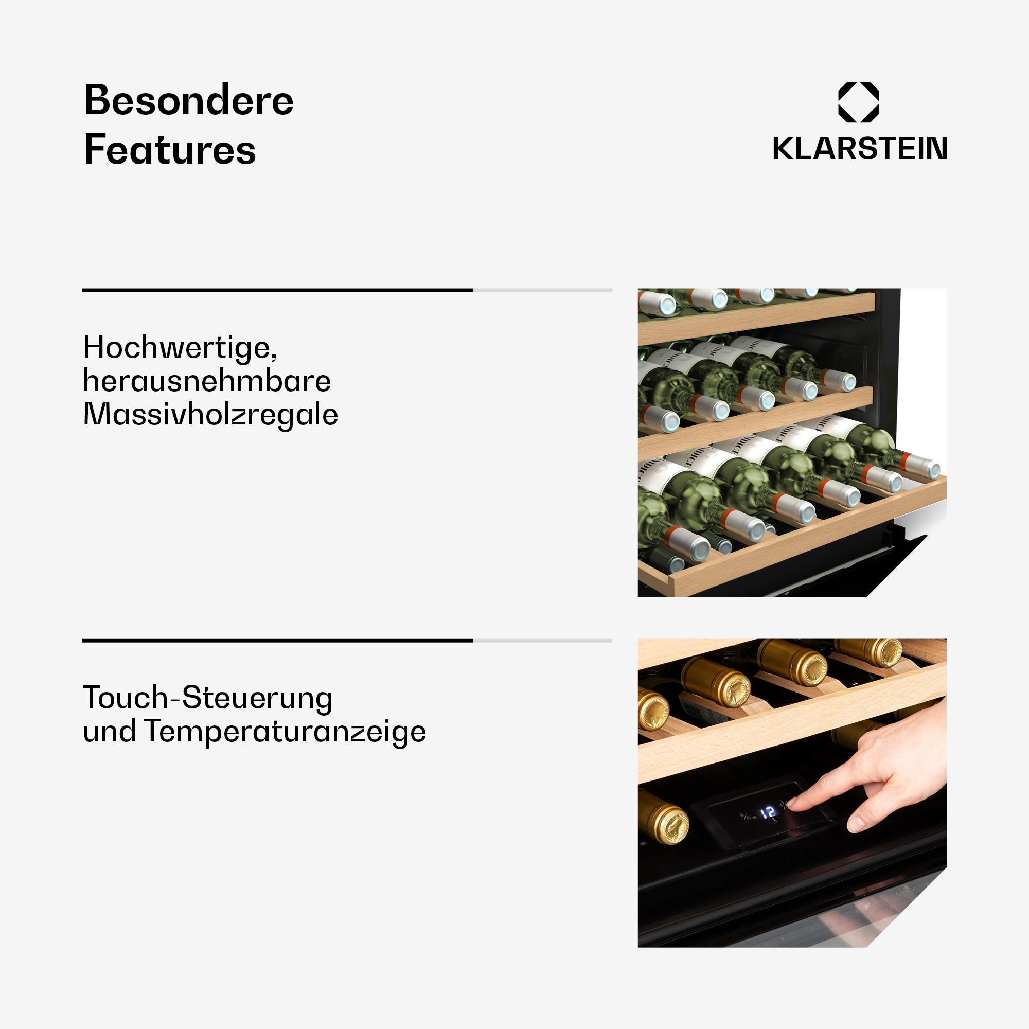 Cantinetta con ripiani in legno e bottiglie. Controllo touch e display temperatura.