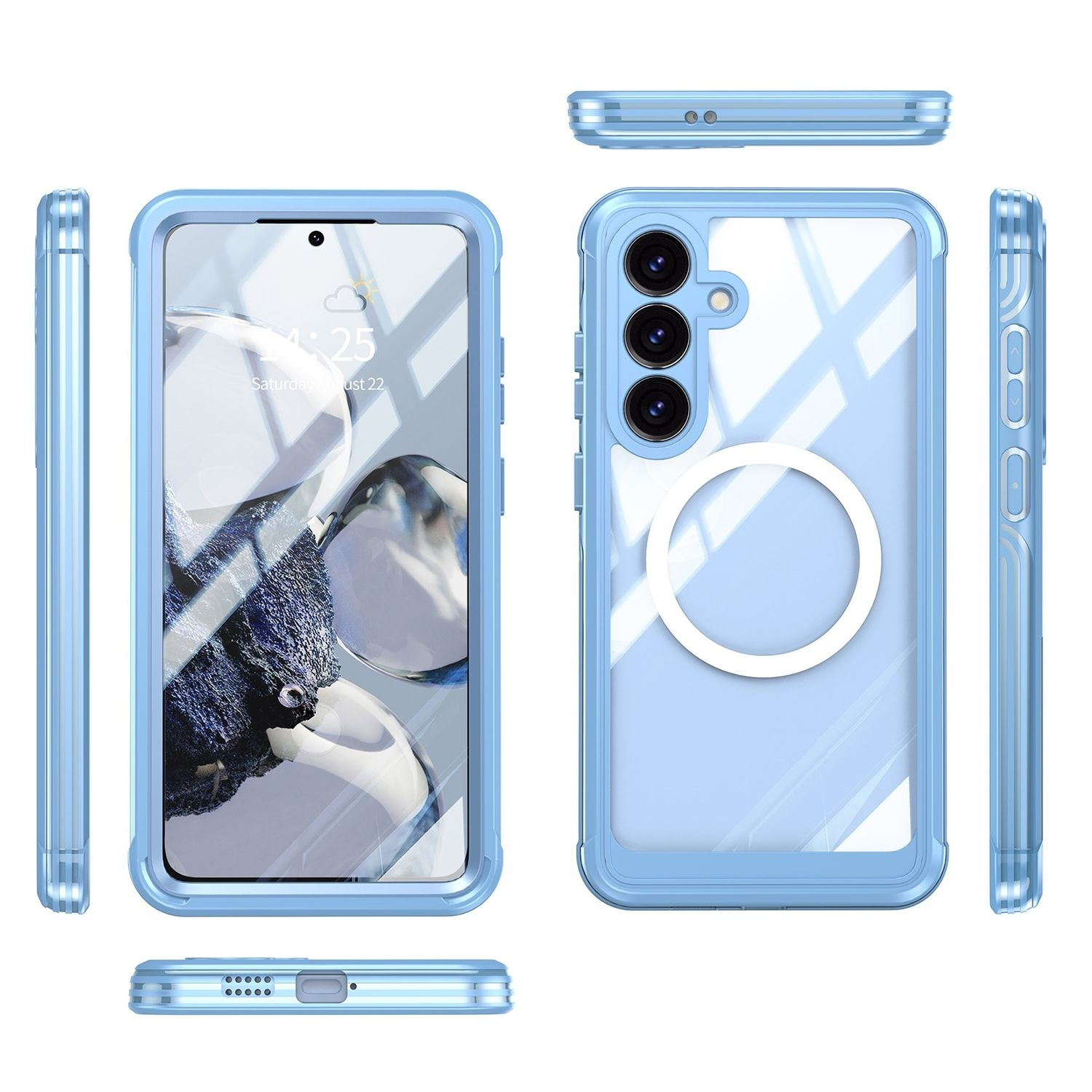 Eine blaue Handyhülle mit einem Telefon darin, das die Rückseite und die Seiten zeigt.