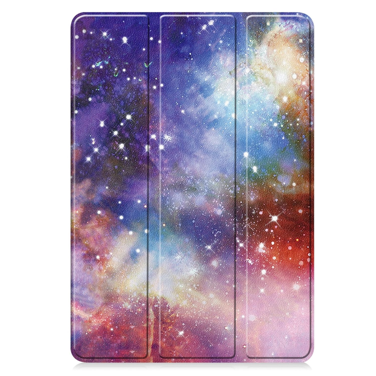 Una funda de tableta con tema de galaxia con un diseño de nebulosa colorida.
