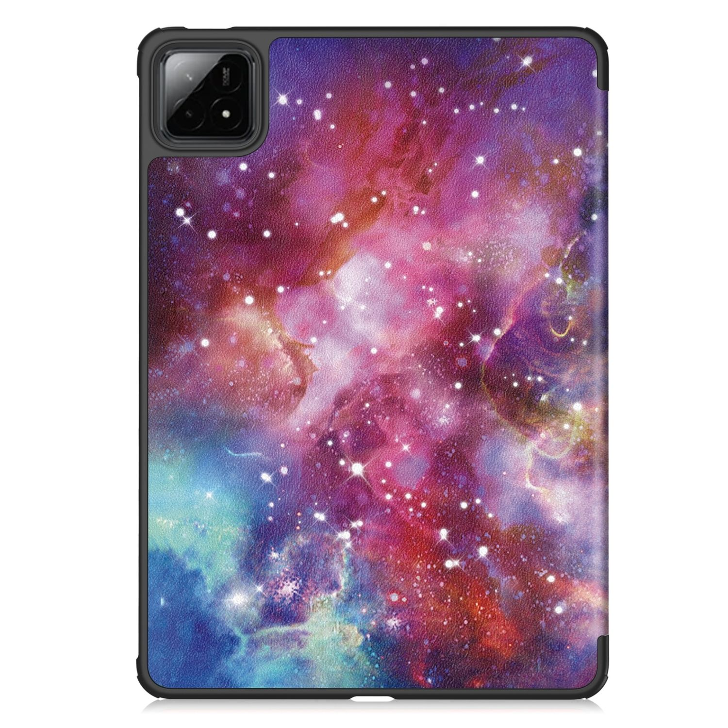Funda de tableta con diseño de galaxia. La funda tiene un borde negro y un recorte para la cámara.