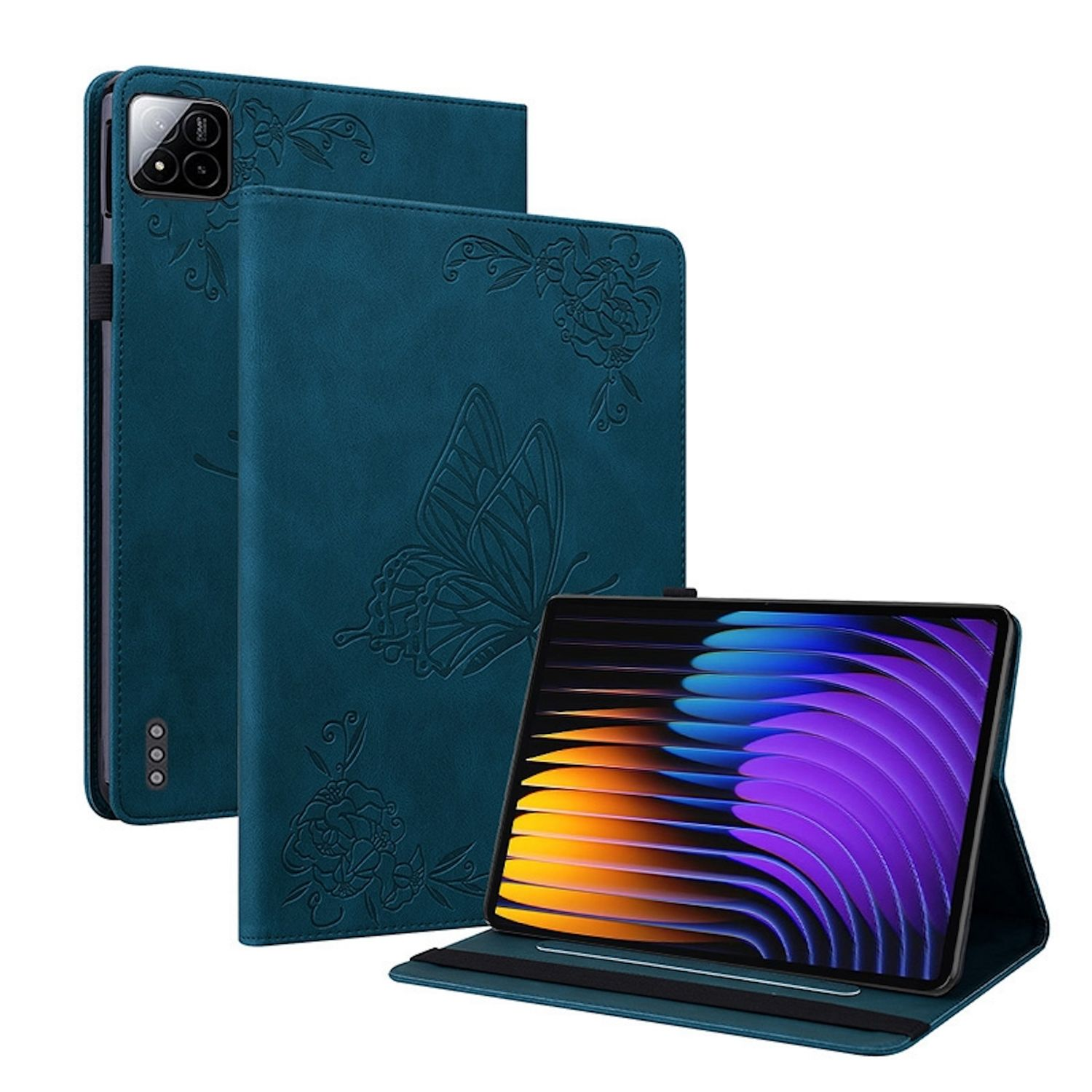 Türkisfarbene Tablethülle mit Schmetterling und Blumendesign. Tablet ist geöffnet und zeigt einen farbenfrohen Bildschirm.