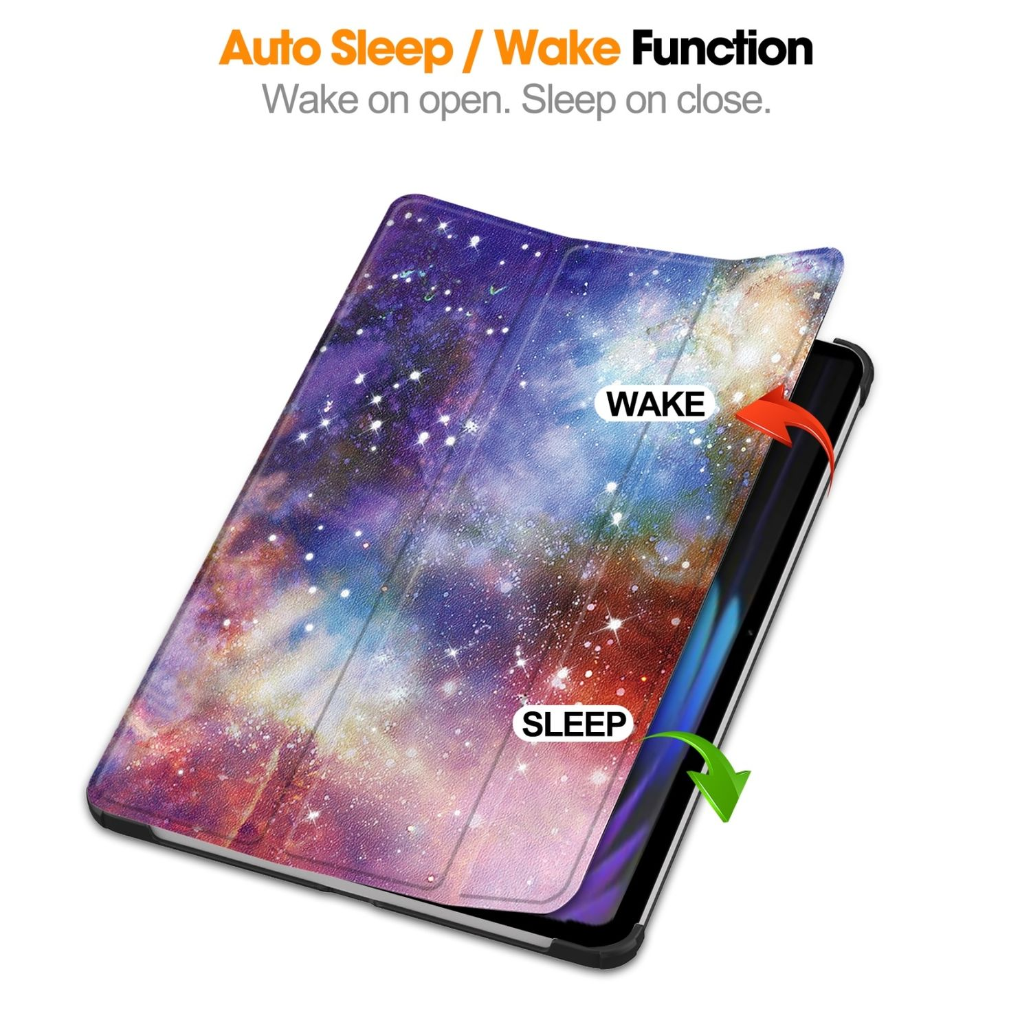Funda para tableta con diseño de galaxia. La cubierta está abierta, mostrando la pantalla de la tableta, con etiquetas de despertar y reposo.