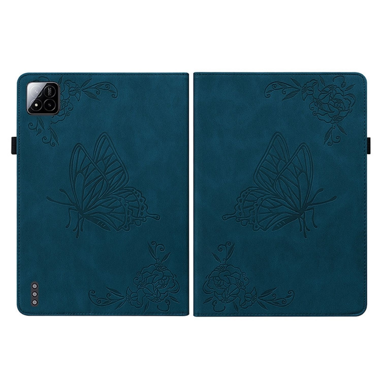 Offene, türkisfarbene Tablethülle, Schmetterlingsdesign. Blumen an den Ecken. Kamera und Knöpfe links.
