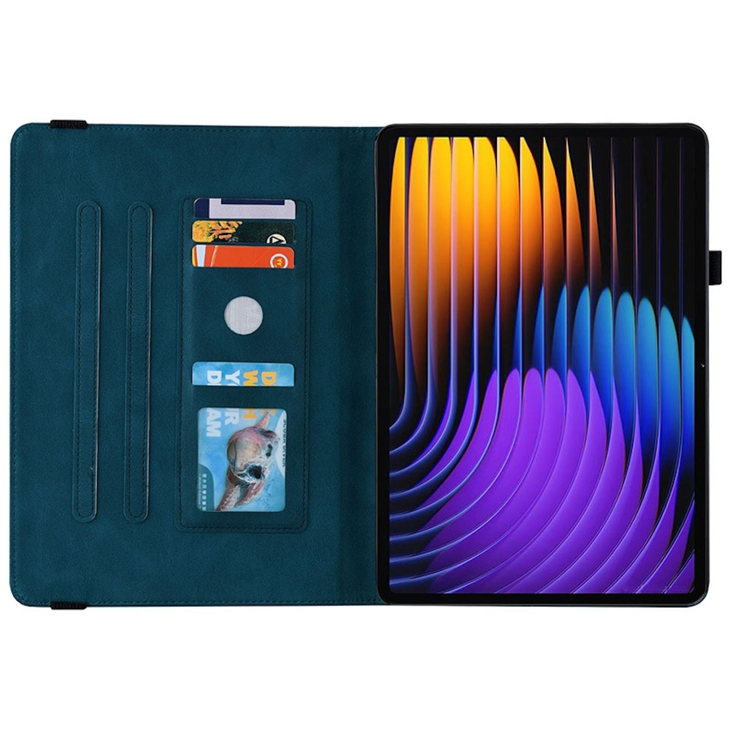 Geöffnete türkisfarbene Tablethülle, die ein Tablet und Kartenfächer zeigt. Karten mit verschiedenen Designs sind sichtbar.
