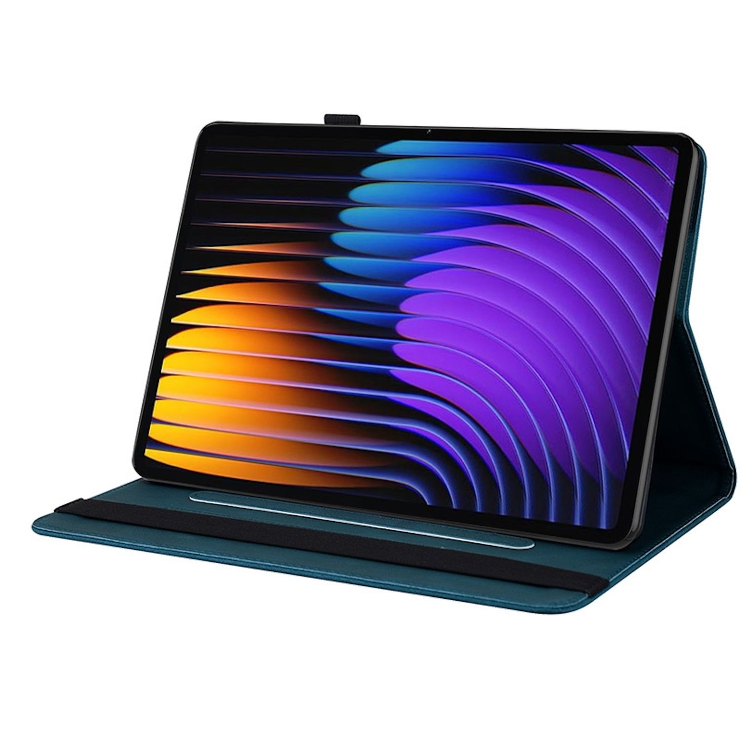 Tablet in tealfarbener Hülle, Bildschirm zeigt buntes abstraktes Design. Hülle offen, angewinkelt.