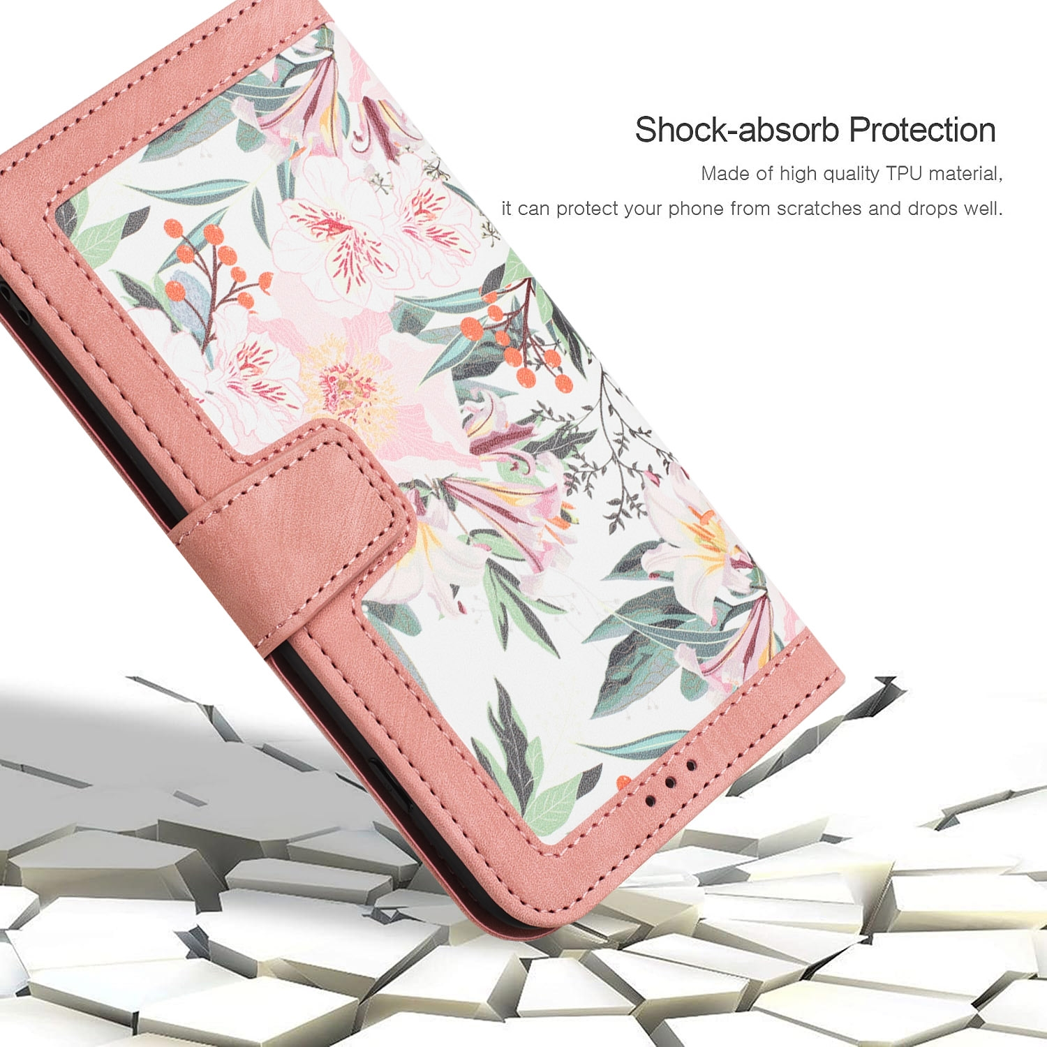 Eine pinkfarbene Handyhülle mit floralem Design wird gezeigt. Sie ist abgewinkelt und zeigt eine Sturzschutzfunktion.