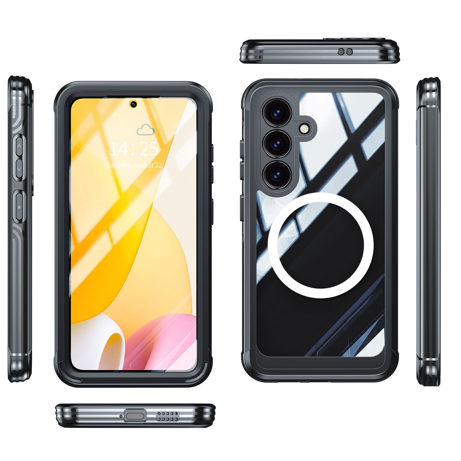 Schwarze Handyhülle mit Telefon darin. Mehrere Winkel zeigen die Hülle und das Telefon.