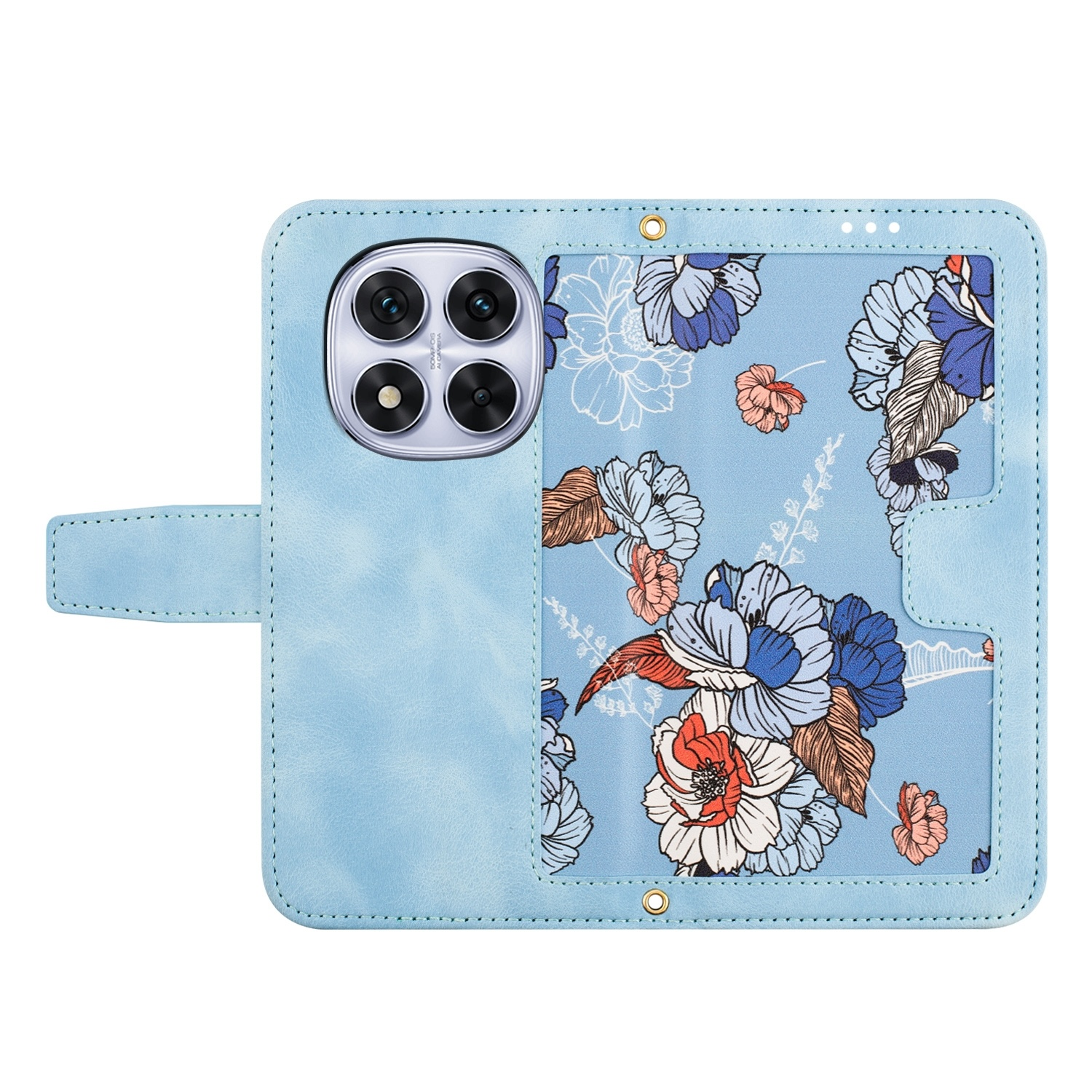 Eine hellblaue Handyhülle mit Blumenmuster, geöffnet, um das Telefon und Kartenfächer zu zeigen.