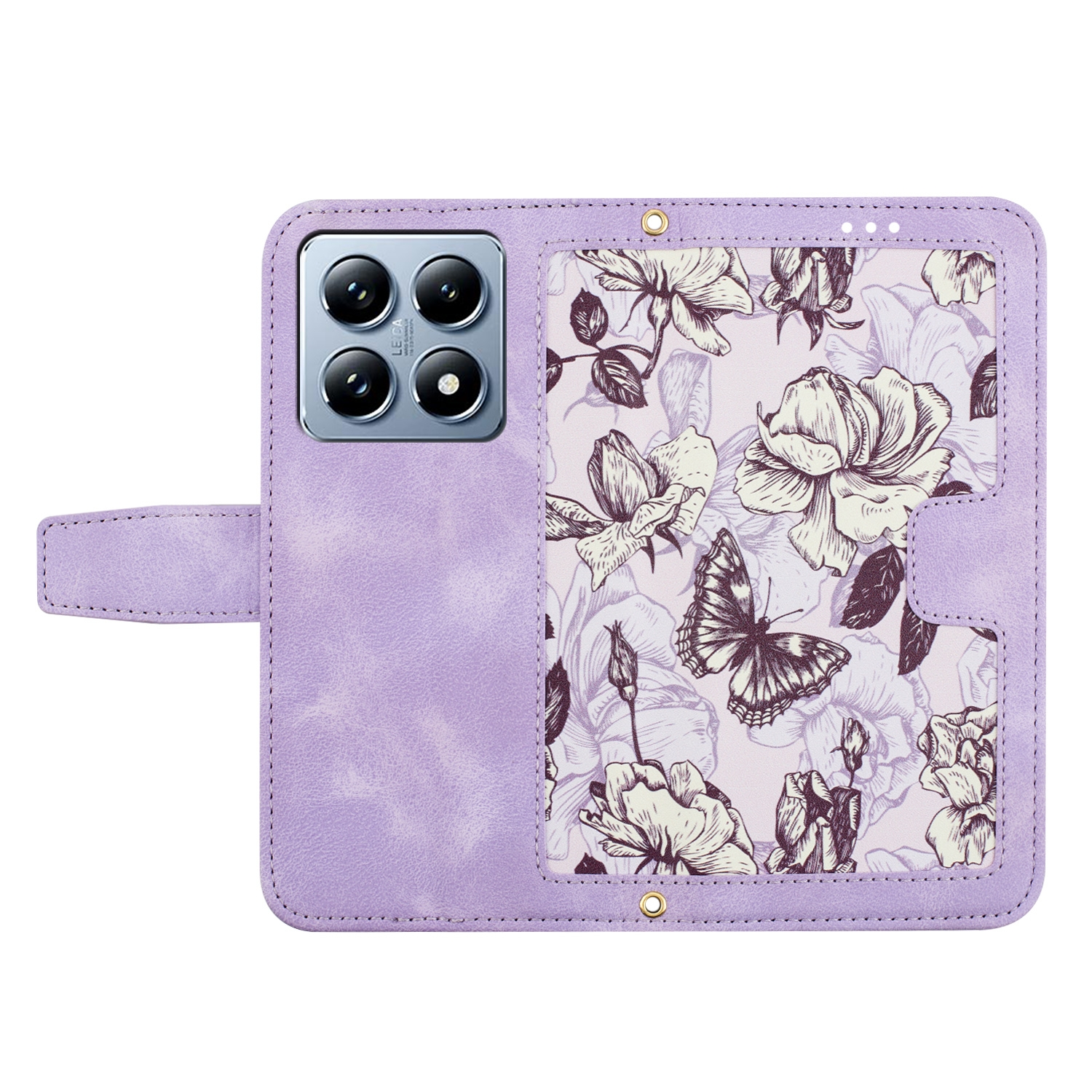 Una funda de teléfono púrpura con un patrón floral y un recorte para la cámara. La funda está abierta.