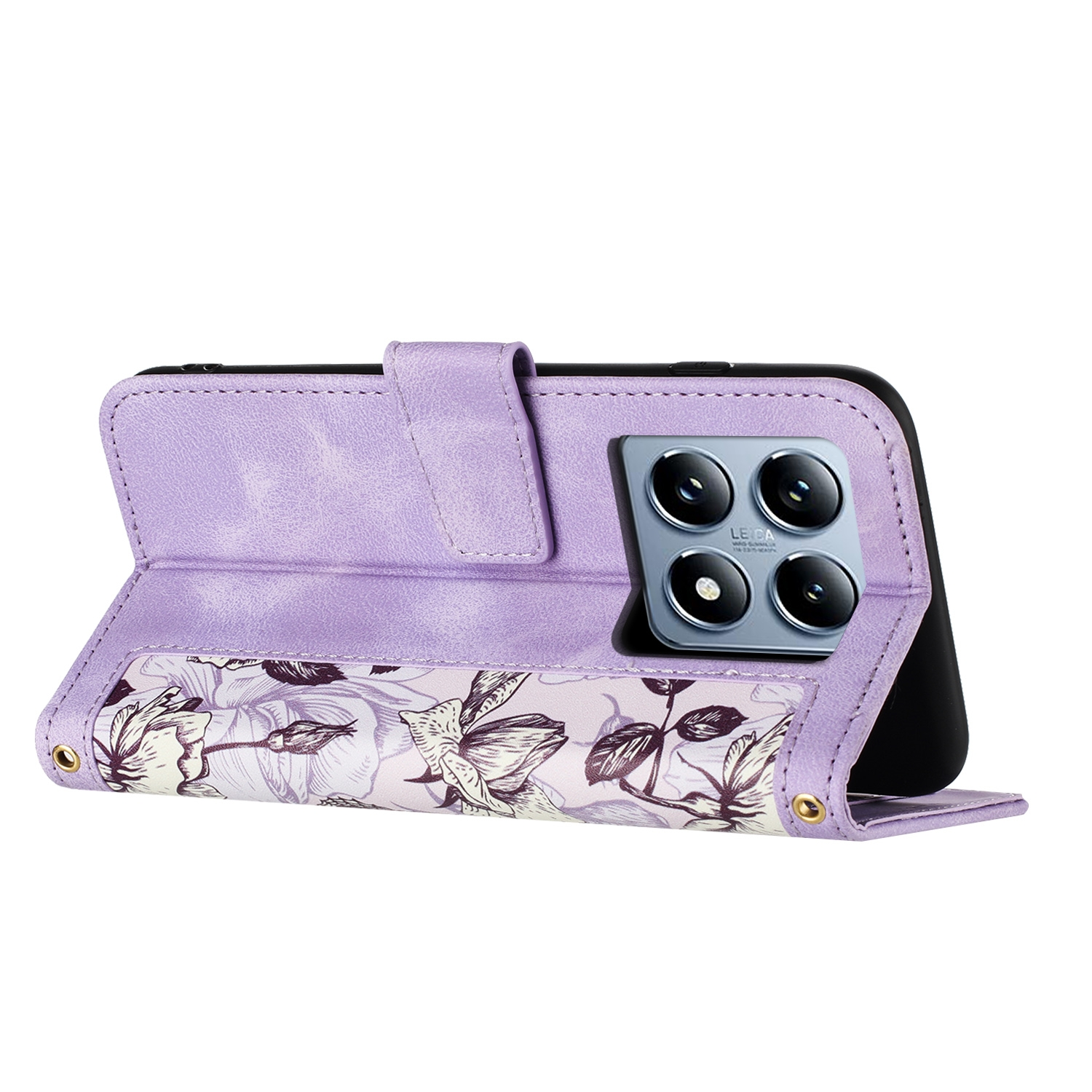 Una funda de teléfono morada con diseño floral, abierta para revelar un teléfono con múltiples cámaras. Fondo blanco.