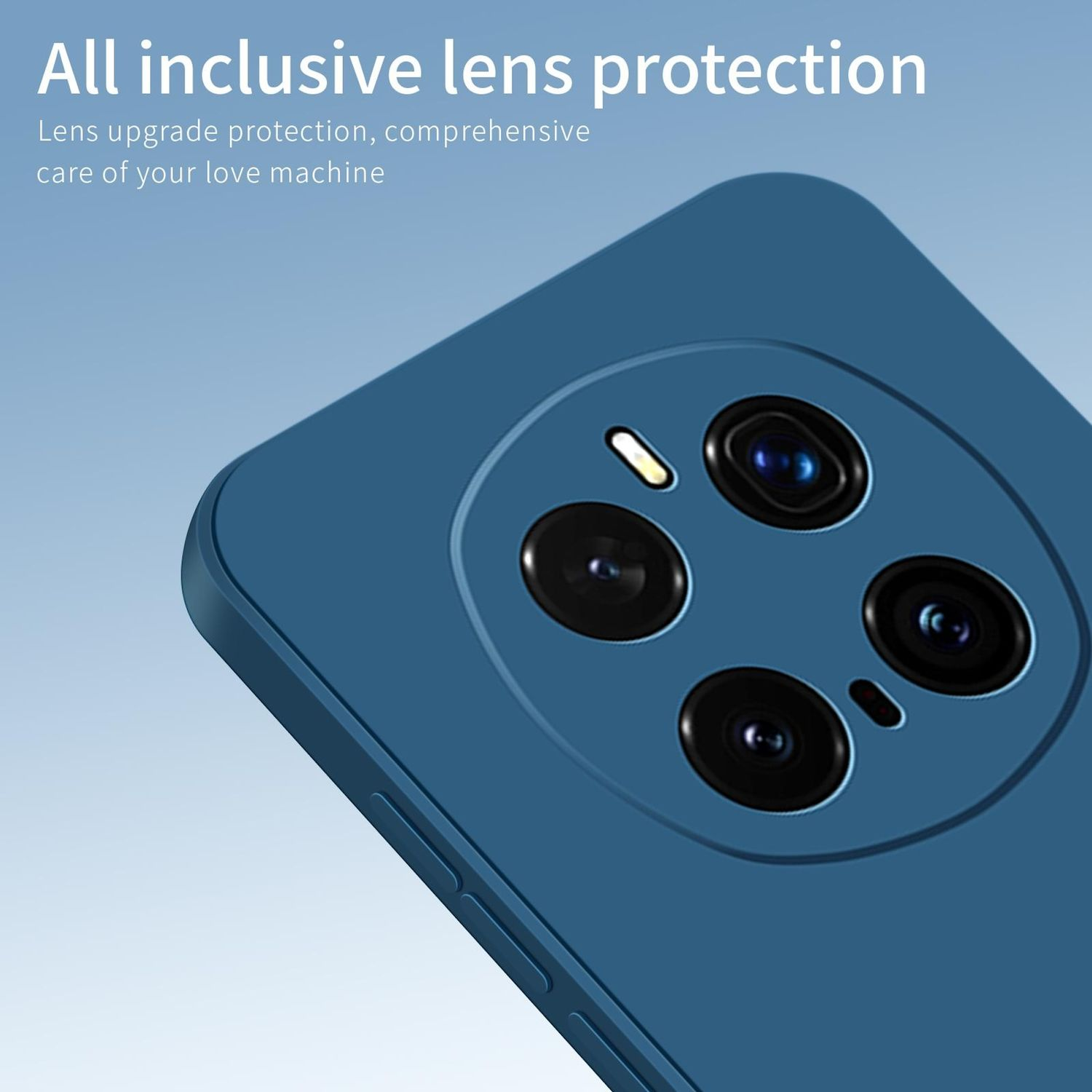 Funda azul para teléfono con recortes para cámara. Dice protección de lente.