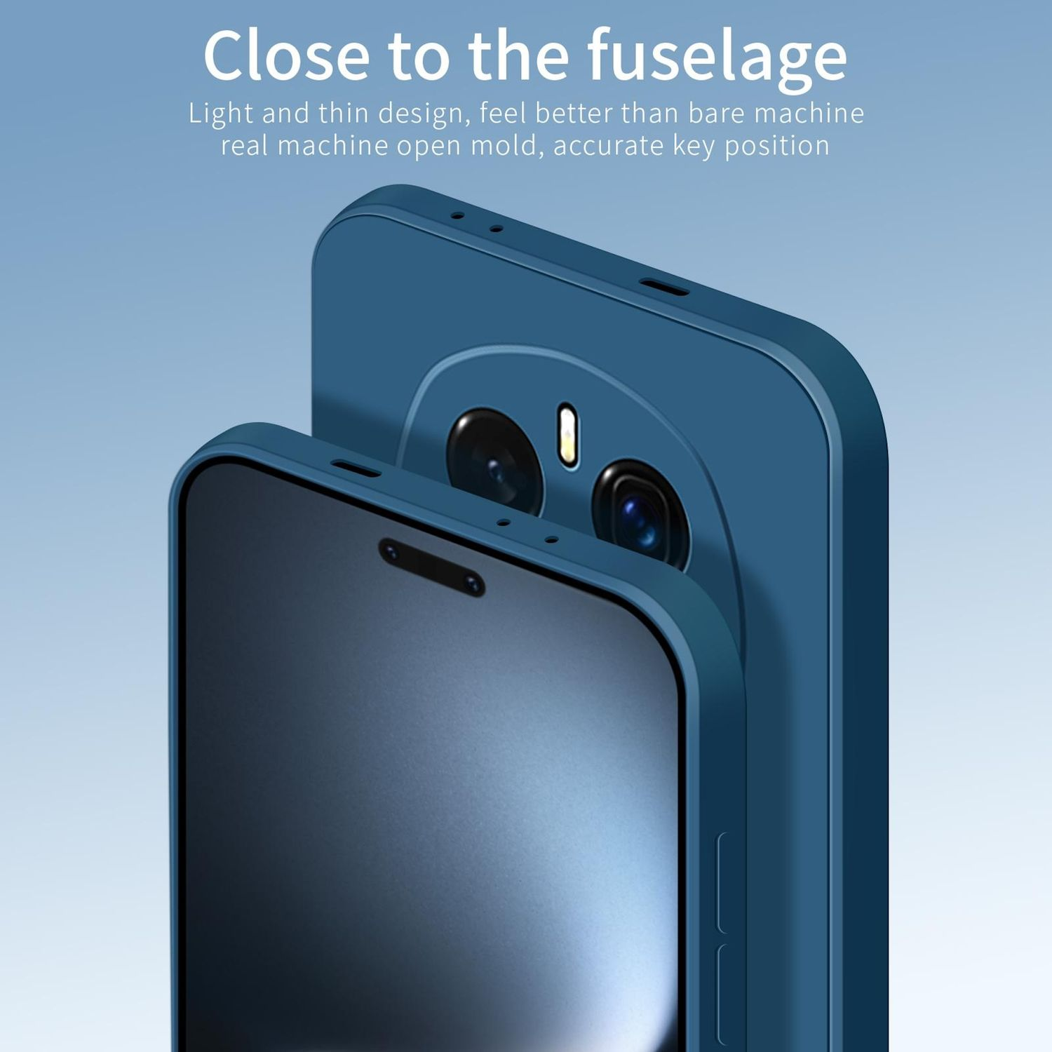 Funda azul para teléfono sobre fondo azul. La funda tiene un agujero para la cámara y botones.