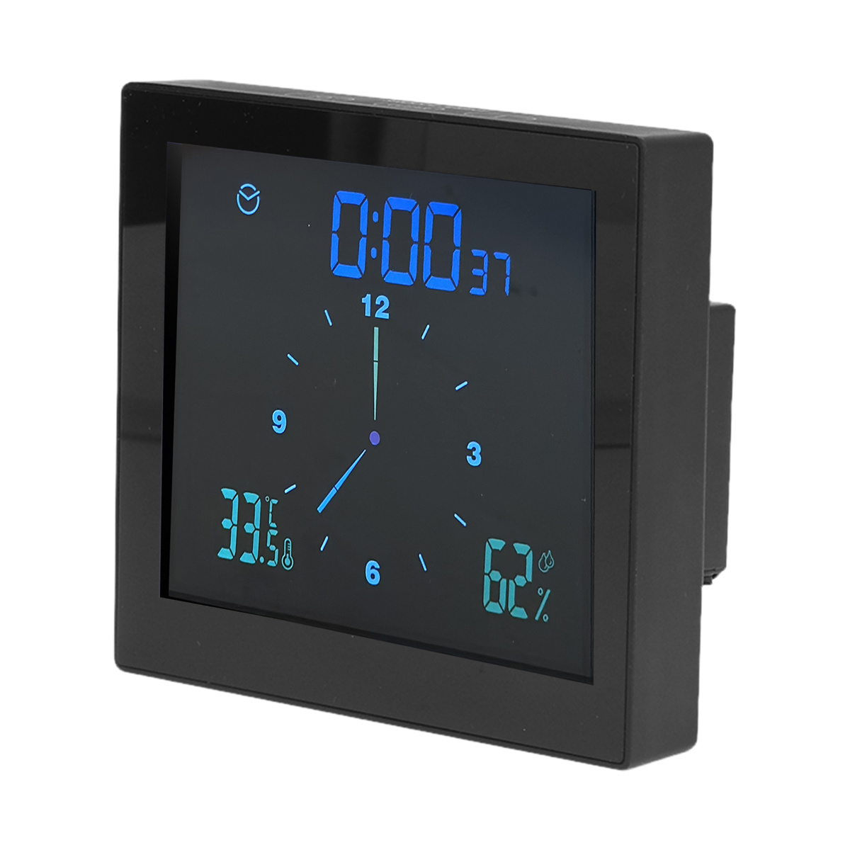 Schwarze Digitaluhr, die Zeit, Temperatur und Luftfeuchtigkeit auf dunklem Hintergrund anzeigt.