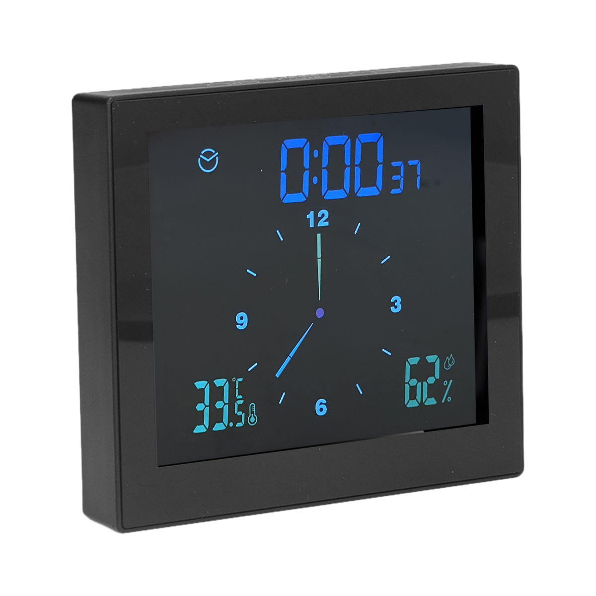 Eine schwarze Digitaluhr, die Zeit, Temperatur und Luftfeuchtigkeit anzeigt. Sie zeigt 0:00, 33,5°C und 62 % Luftfeuchtigkeit an.