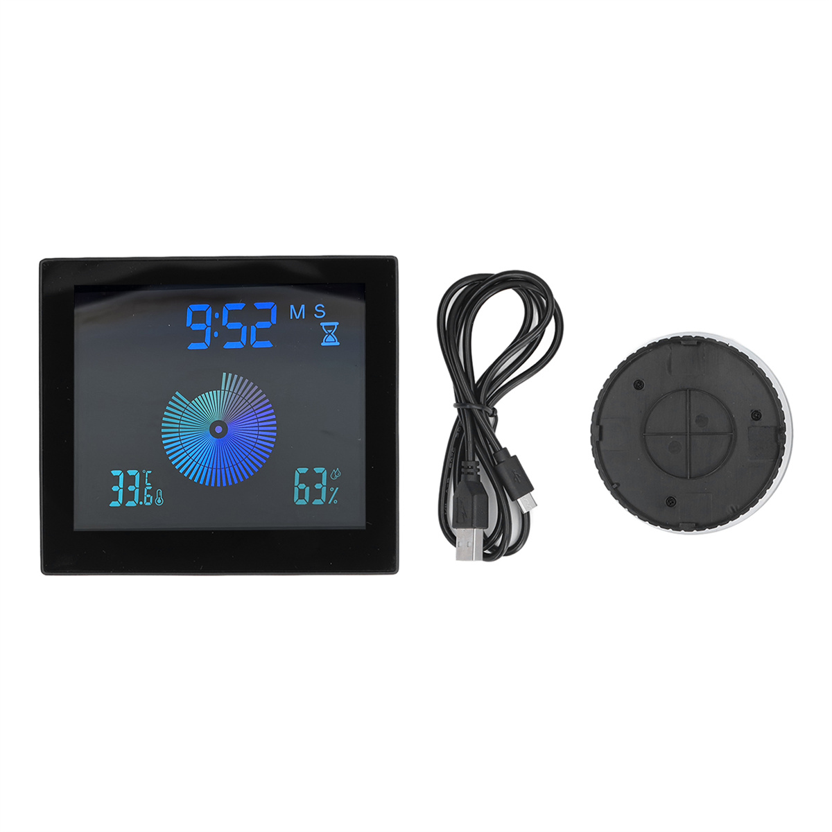 Schwarze Digitaluhr mit Anzeige für Zeit, Temperatur und Luftfeuchtigkeit. USB-Kabel daneben.