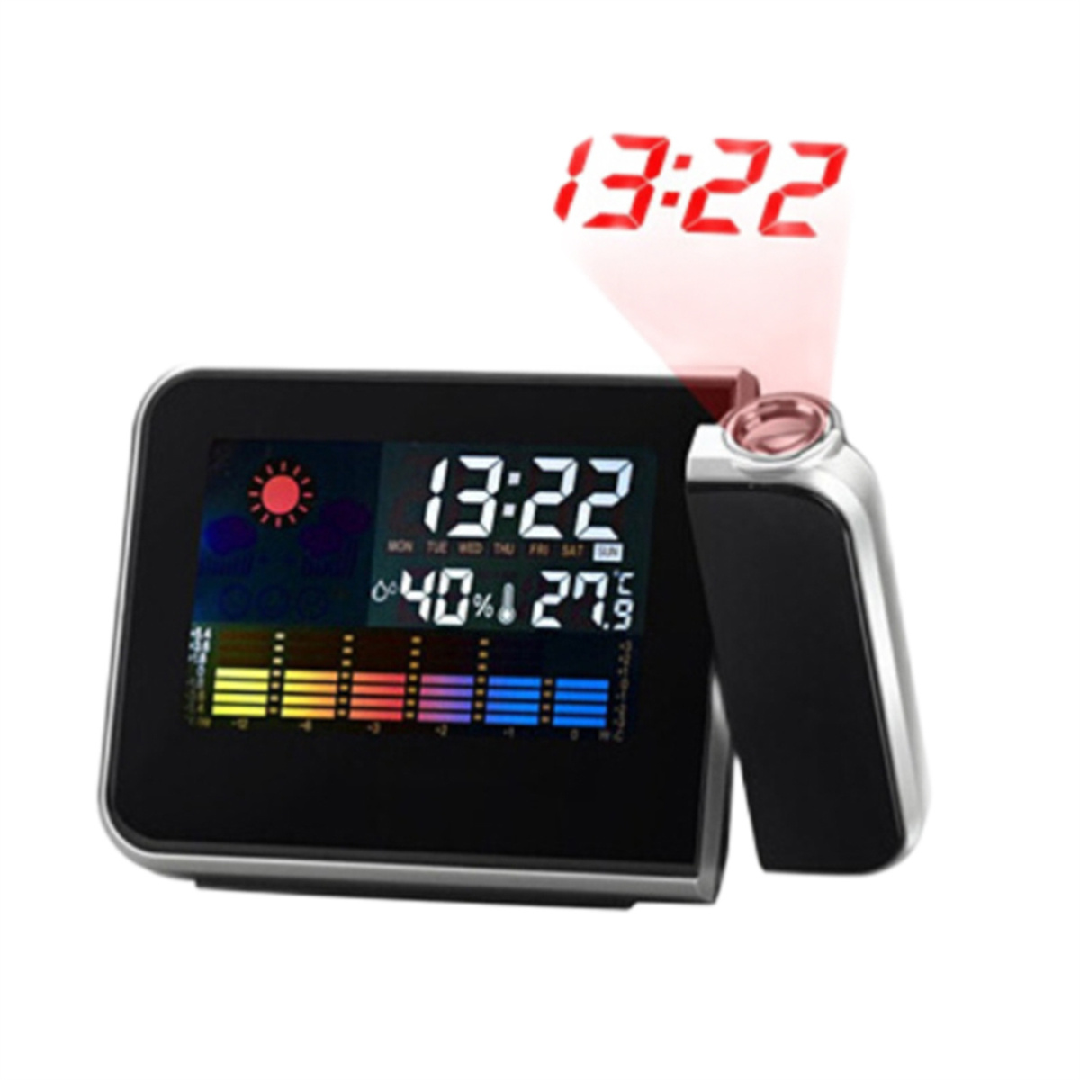 Eine schwarze Digitaluhr, die die Zeit in Rot, Wettersymbole und das Datum projiziert.