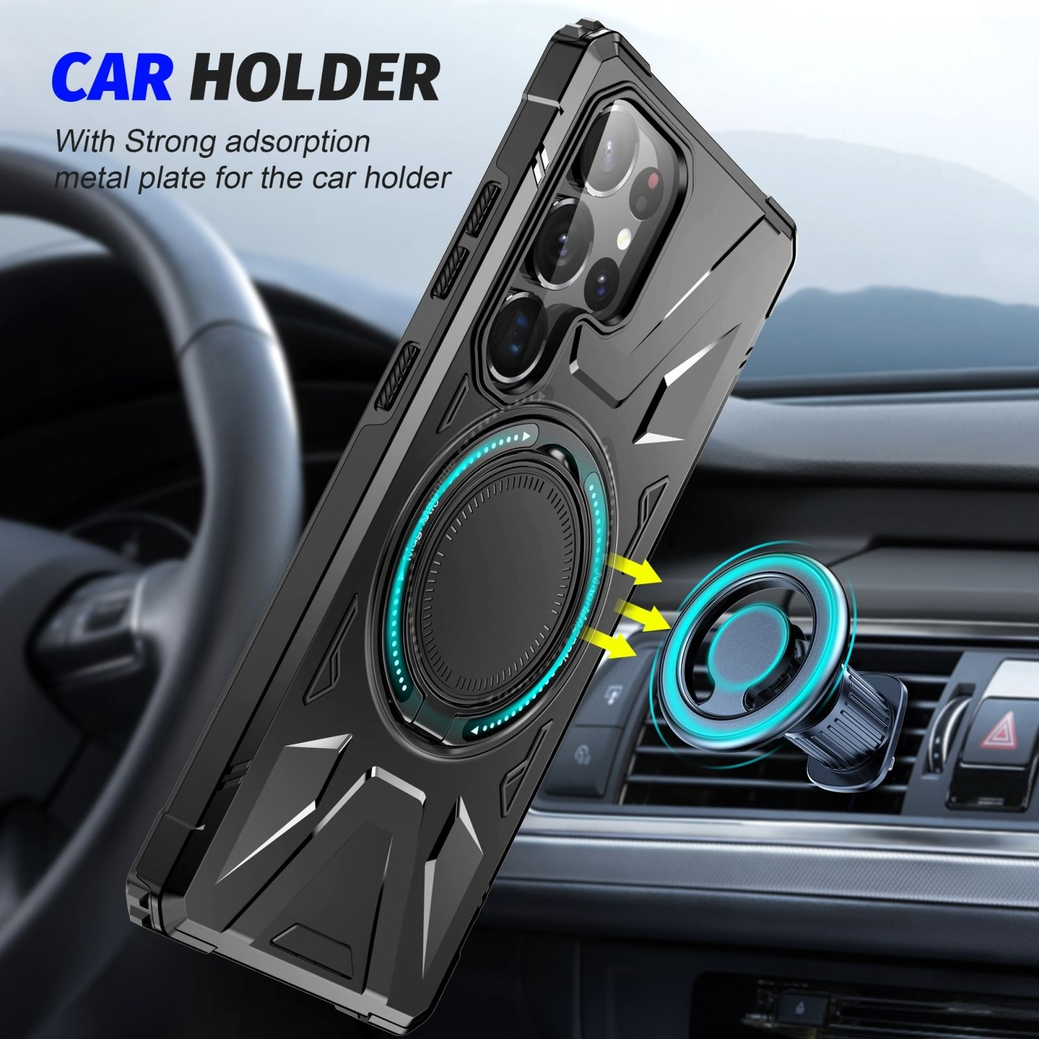 Schwarzer Auto-Telefonhalter mit Handyhülle und Magnetbefestigung. Der Hintergrund ist ein Autointerieur.