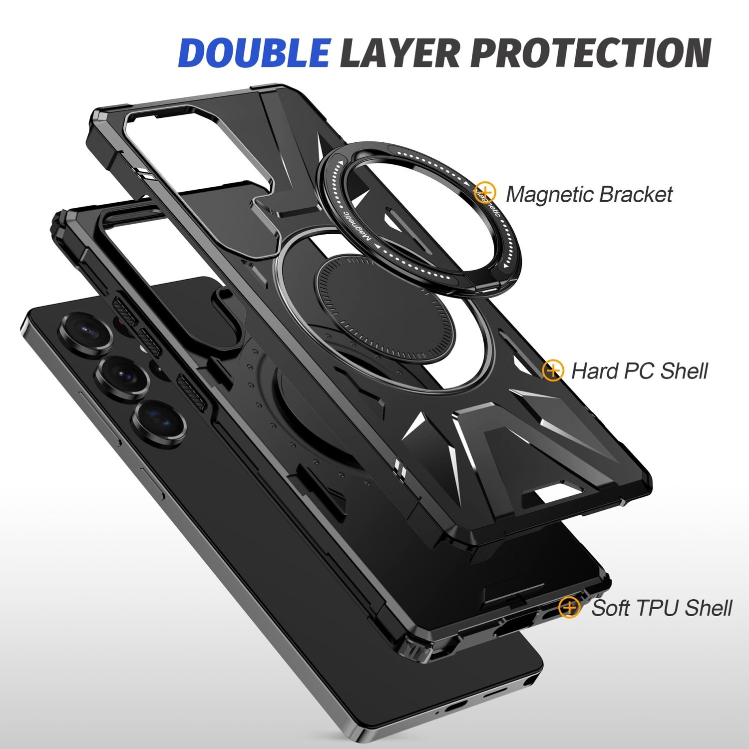 Schwarze Handyhülle mit mehreren Schutzschichten. Magnetische Halterung und weiche Schale.