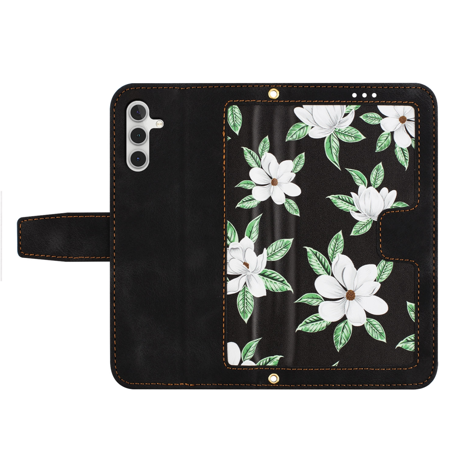 Schwarze Handyhülle mit floralem Design. Sie ist offen, um ein Telefon und einen Kartensteckplatz zu zeigen.