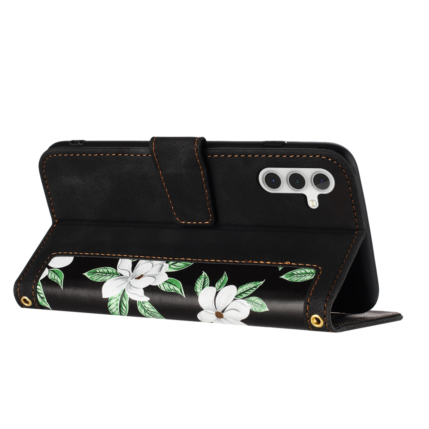 Schwarze Handyhülle, offen, mit floralem Design. Weiße Blumen mit grünen Blättern sichtbar.