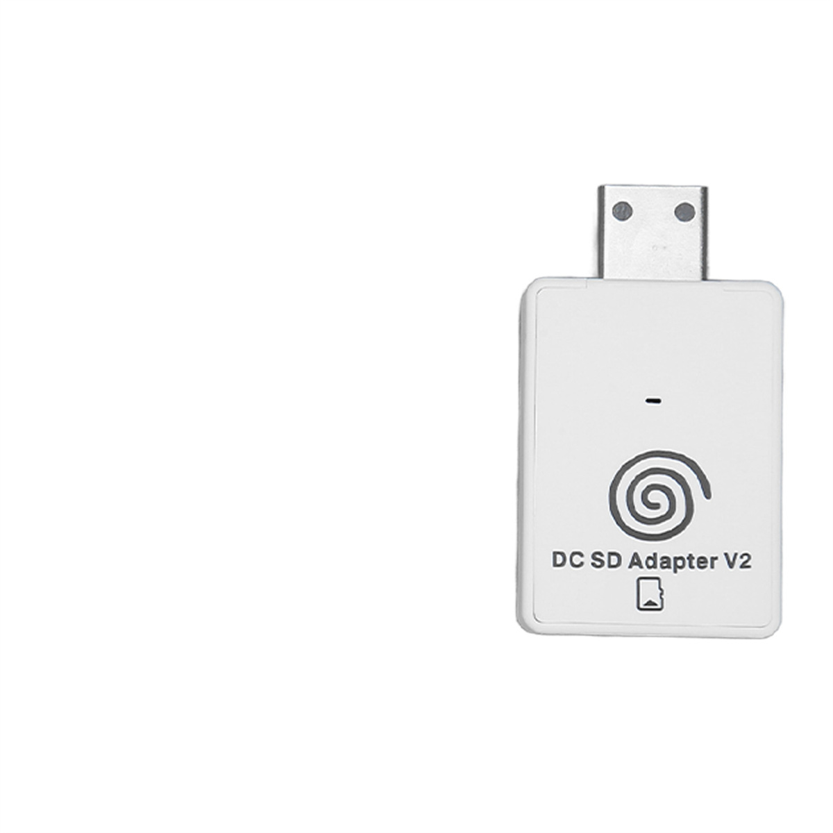 Weißer DC SD-Adapter mit USB-Anschluss. Der Adapter ist rechteckig mit Logo.
