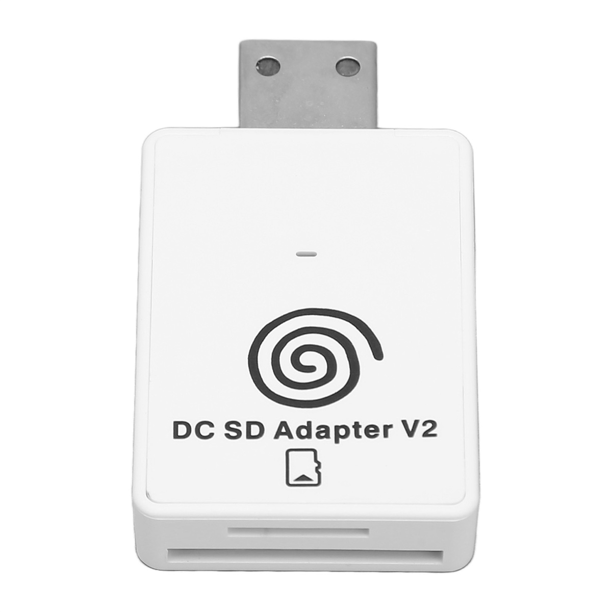 Weißer DC SD-Adapter V2 mit Logo. Der Kartensteckplatz befindet sich unten. Ein silberner Stecker oben.