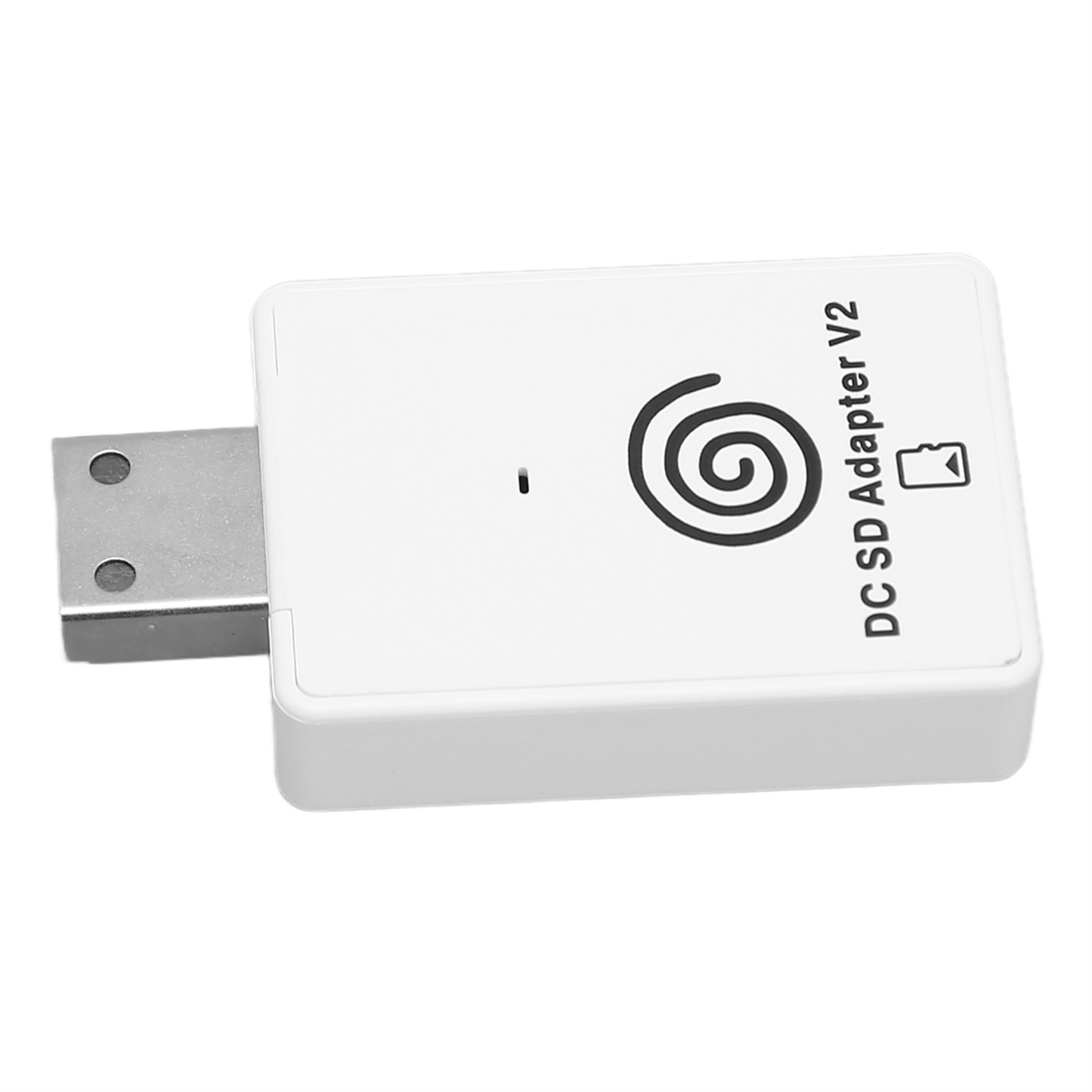 Weißer DC SD-Adapter mit SD-Kartensteckplatz und Dreamcast-Logo auf weißer Oberfläche.