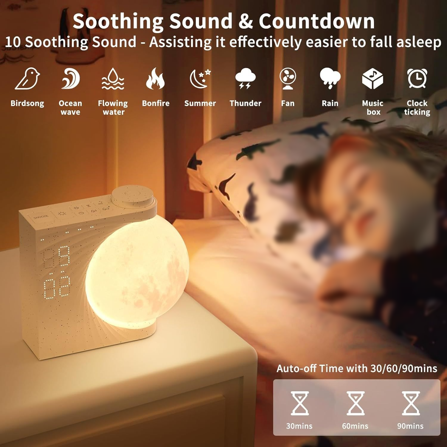 Weißer Nachttischwecker mit mondförmigem Nachtlicht, Icons mit Geräuschen. Eine Person schläft im Bett.
