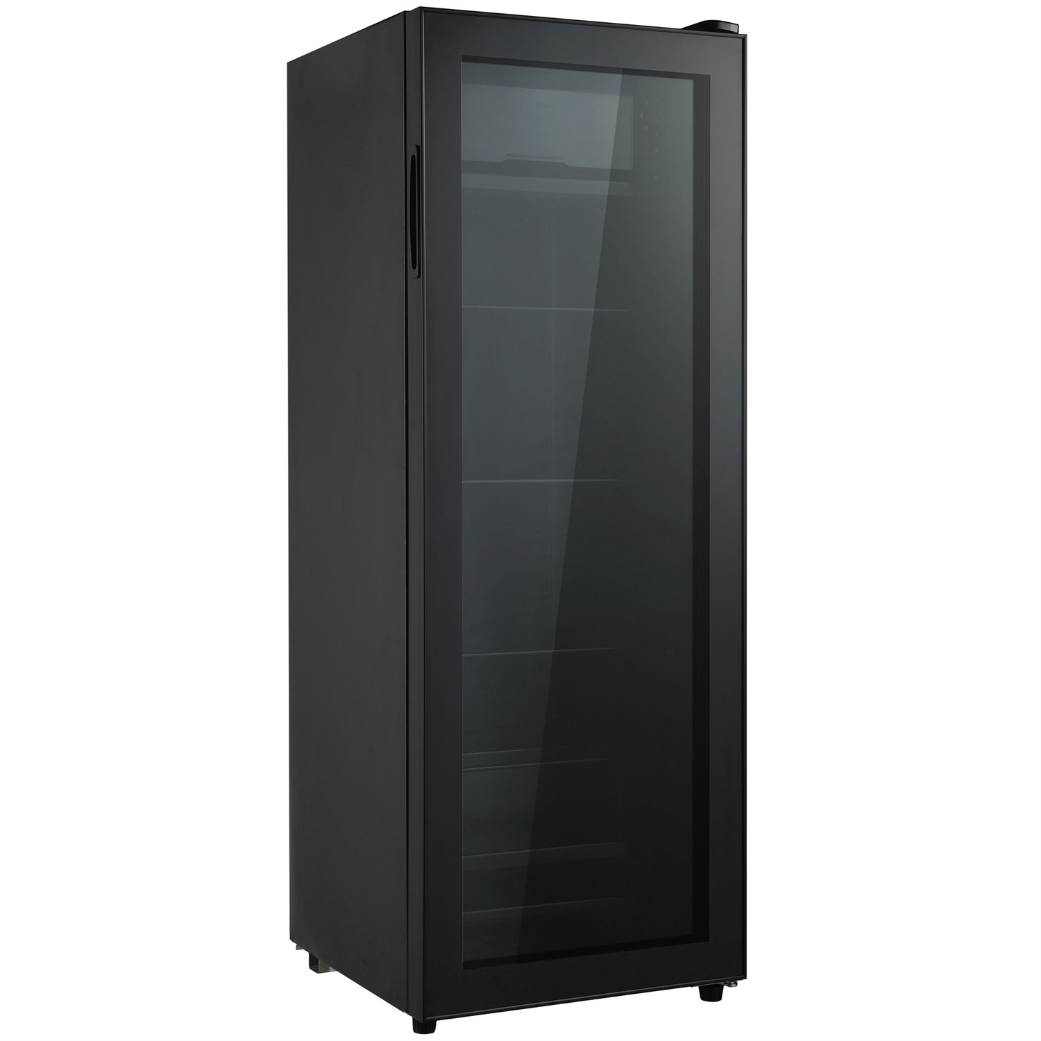 Schwarzer, hoher Kühlschrank mit Glastür, zeigt Regale im Inneren.