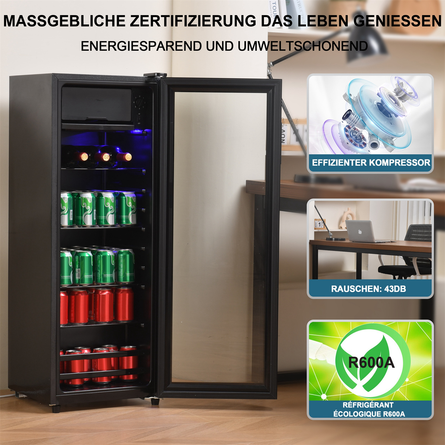 Schwarzer Minikühlschrank mit offener Glastür, die rote und grüne Getränke zeigt. Enthält Regale.