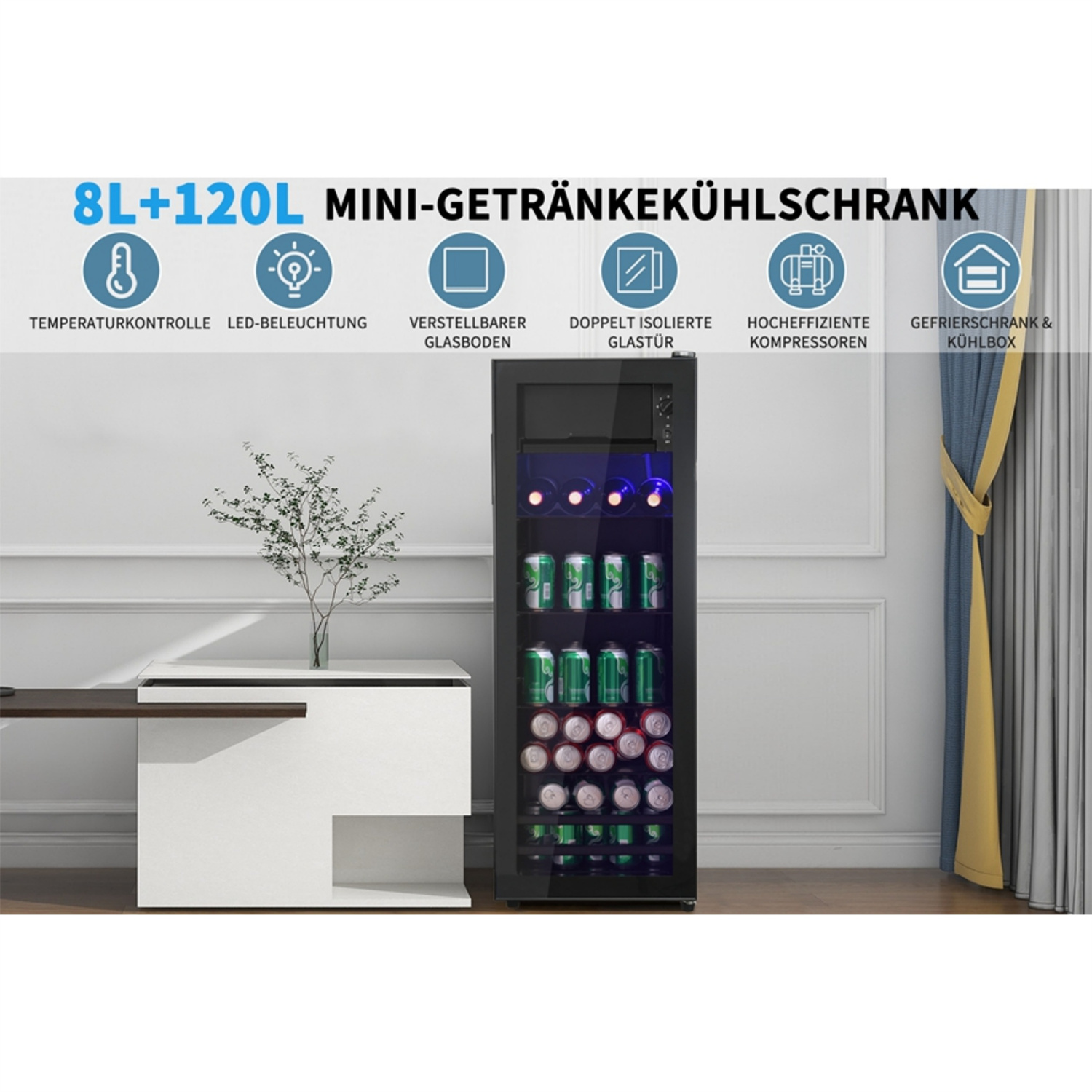 Mini-Kühlschrank mit Getränken, daneben ein weißer Schrank und eine Pflanze in Vase.