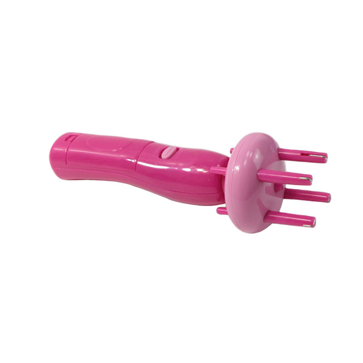 Ein rosa Haarflechtwerkzeug mit mehreren Zinken am vorderen Ende.
