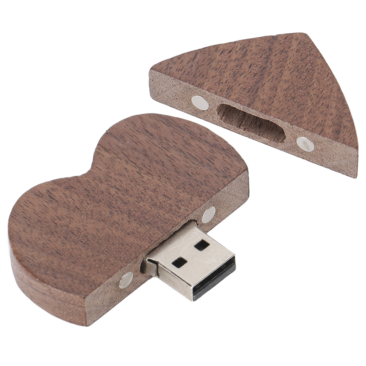 USB-Stick aus Holz in Herzform. Er hat eine Kappe und einen USB-Anschluss. Das Holz ist braun.
