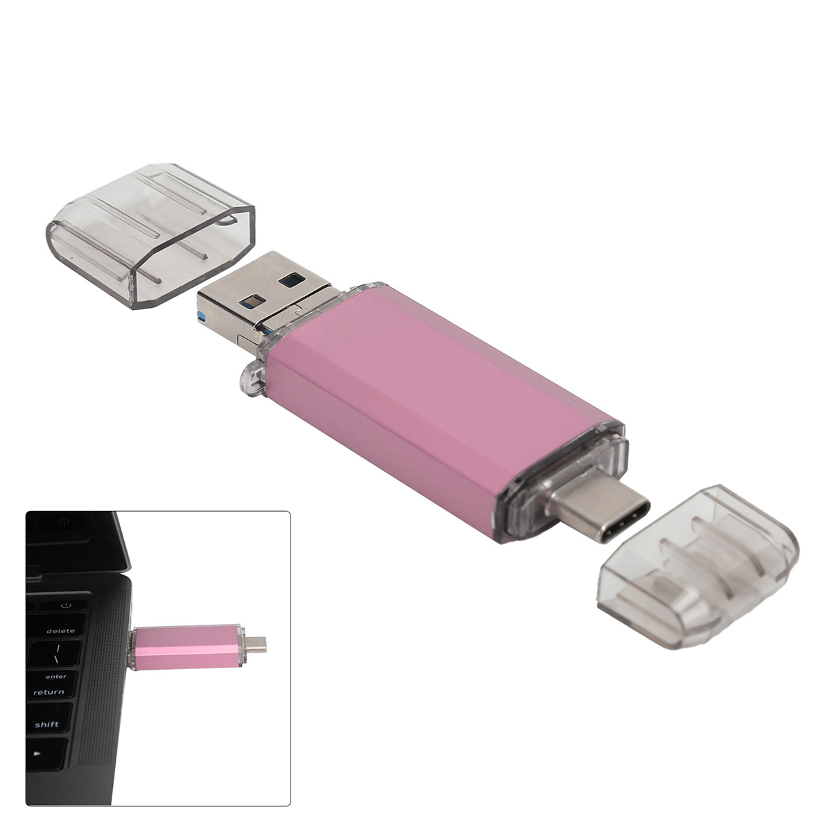 Rosa und silberner USB-Stick mit Dual-Anschlüssen, einmal USB und einmal USB-C, mit Kappen.