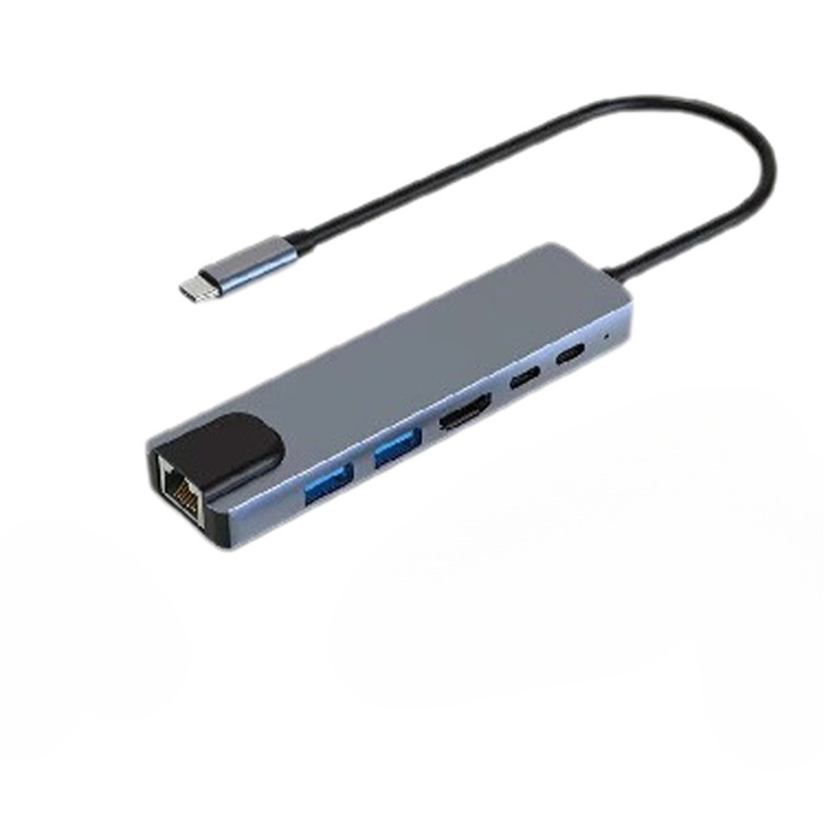 Ein grauer USB-Hub mit mehreren Anschlüssen und einem schwarzen Kabel. USB-C-Anschluss.