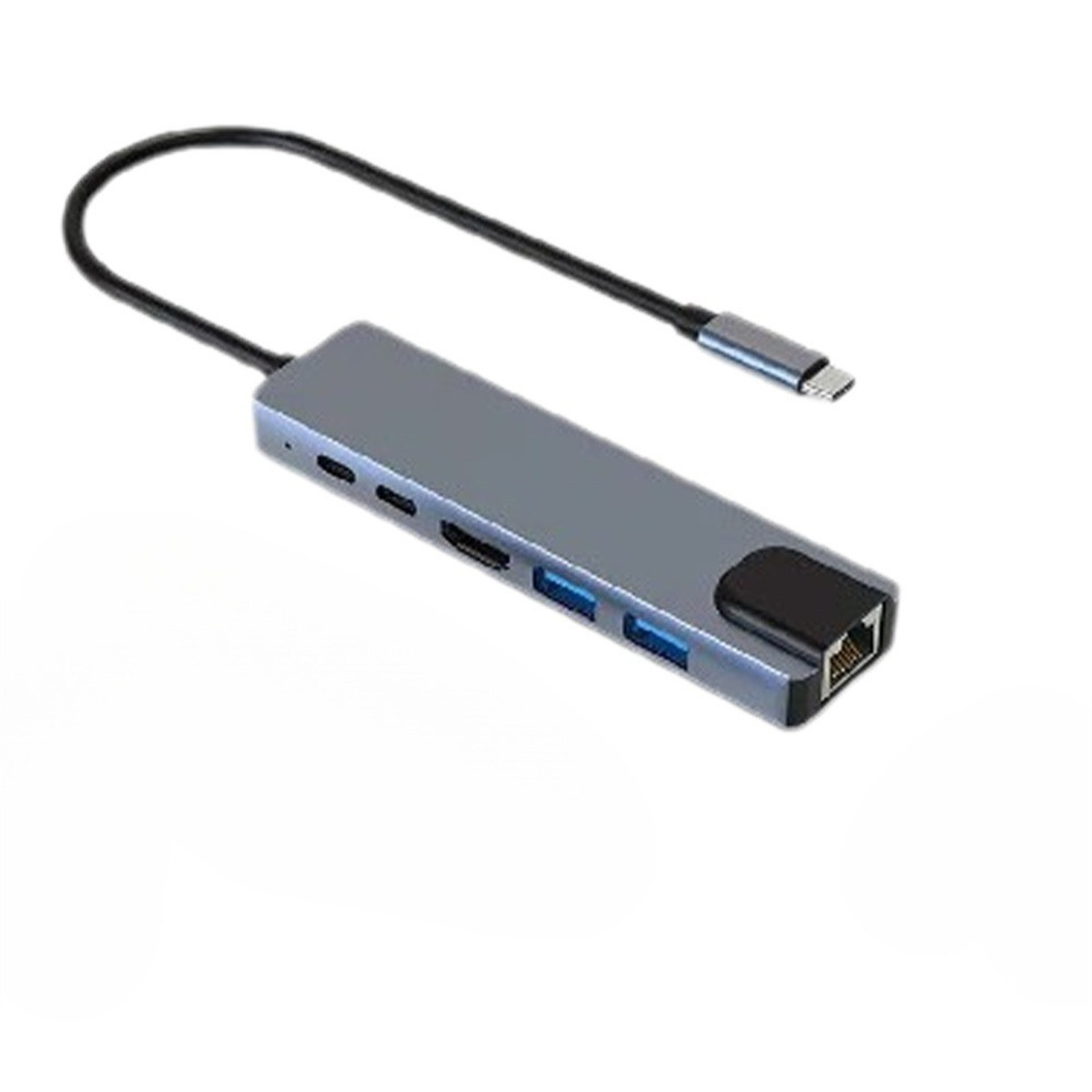Ein grauer USB-C-Hub mit mehreren Anschlüssen und einem Kabel.