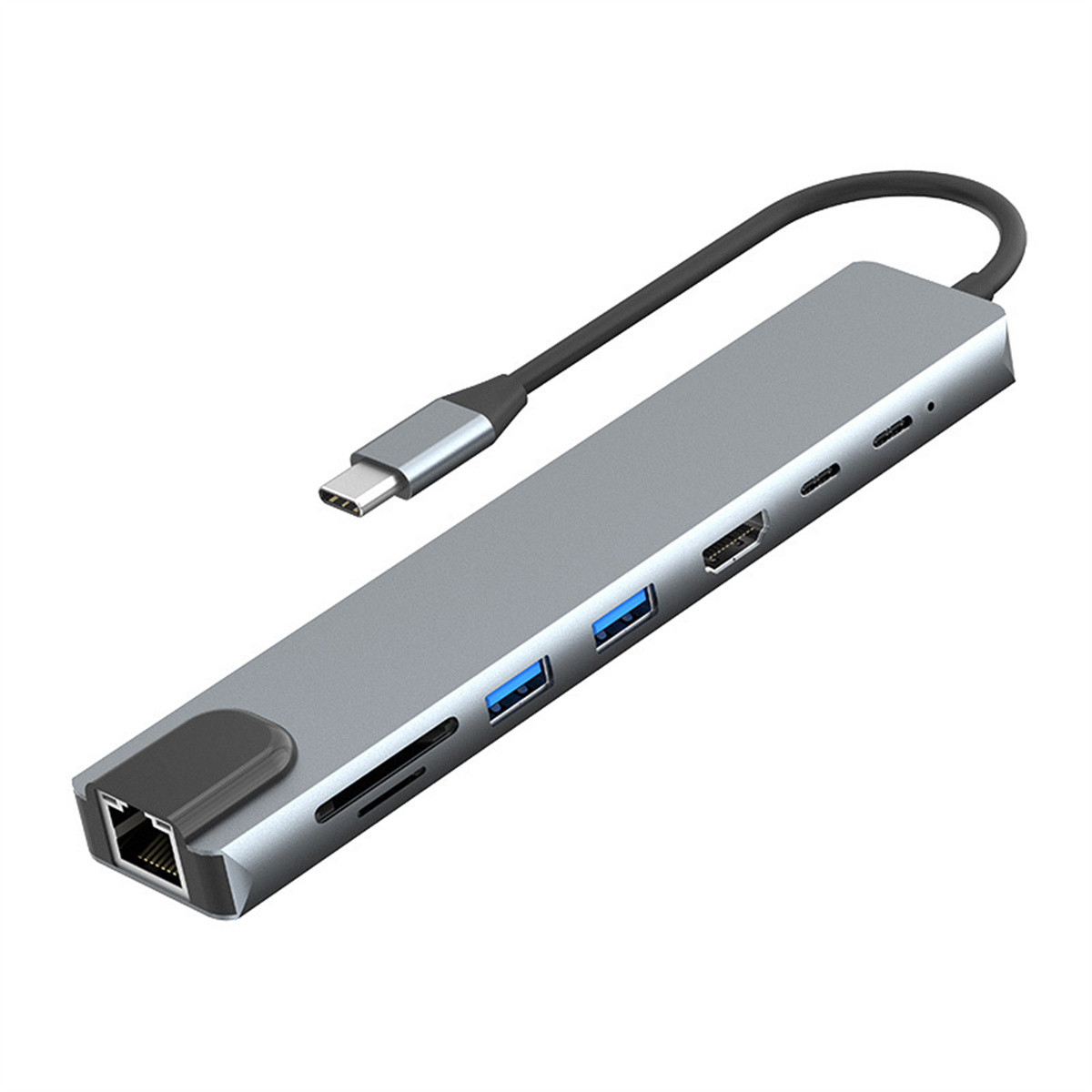 Ein grauer USB-C-Hub mit mehreren Anschlüssen, darunter USB, HDMI, Ethernet und SD-Kartenleser.